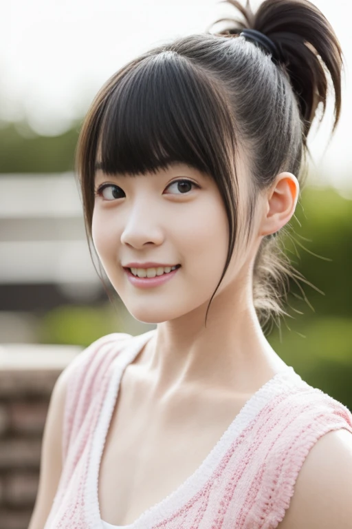 adorable, japanaese girl, , Portrait , (White tank top with ruffles:1.0) , hair scrunchie, twintails , (low contrast,spotlight:1.0), (Extremely detailed skin), (Best Quality:1.0), (ultra highres:1.0) ,(photorealestic:1.0), (Ultra Detailed:1.0), (8K, RAW photo:1.1),( Smile:0.8),(looking a viewer:1.3) --auto