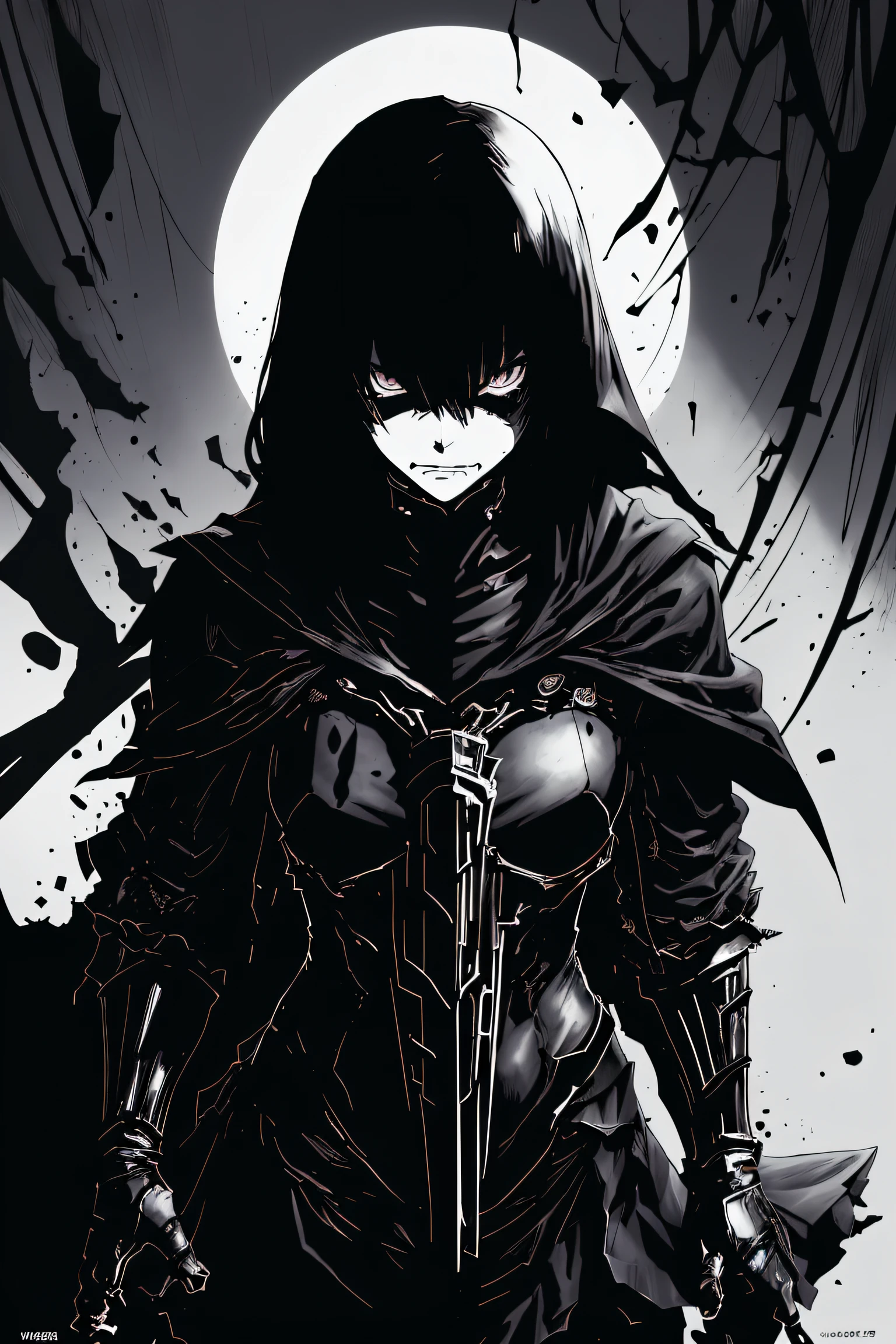 v5lcn style,ink art,(Best Quality,masutepiece:1.2),(black and white comic core:1.1),(extreme high contrast),Dark ink,1girl in,A dark-haired,Shadow on face、8K,resolution,High School Girl,Sailor Uniform,