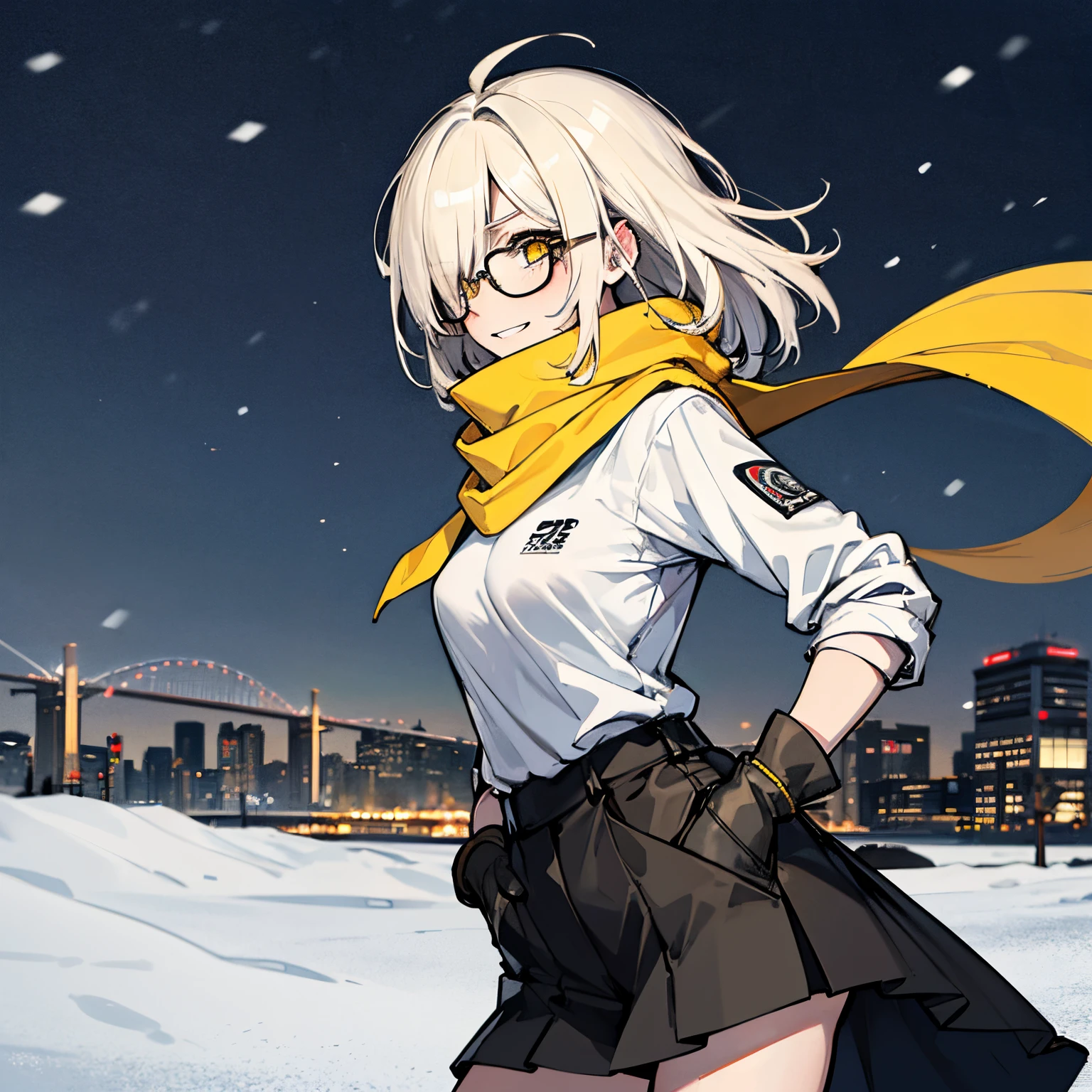 (absurdres, 8k, 4k, masterpiece, hyper extreme detailed:1.2), solo, front view portrait, best quality, portrait, solo, adult, cowboyshot, perfect anatomy, 1girl, perfect face, expressive eyes, perfect eyes, half body, platinum blonde hair, swept bangs, glasses, cool, confident, friendly, medium bust, toned, cool, suve, protagonist, unchanging, worry free, adventurous, long hair, snow, snowy city, entertained, white graphic t-shirt, yellow scarf, gold eyes, braided hair, gloves, symbols on t-shirt, skirt, eccentric, odd, quirky, unique, carefree, original, messy hair, wind, windy, moving hair, moving clothes, tangled hair, dirty, happy, content, streetwear, sleeve arm warmers, sleeves, dynamic pose, friendly, slight smirk, yellow scarf, left hand on hip, right hand in pocket, freckles, flowing hair, hair over one eye,