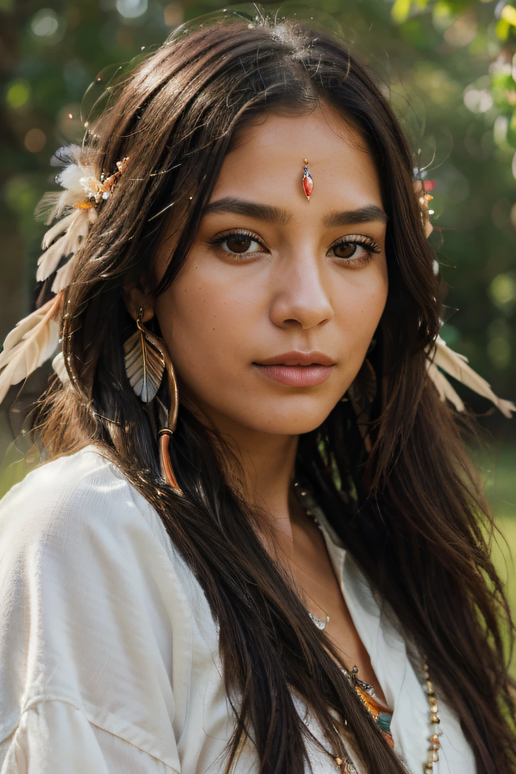 (best quality,4k,8k,highres,masterpiece:1.2),ultra-detailed,realistic,female american indian,full native american garb,beautiful detailed eyes,beautiful detailed lips,extremely detailed face,long eyelashes,dark flowing hair,traditional headdress,beaded jewelry,elaborate feather details,peaceful expression,natural surroundings,sunny day,warm color tones,soft lighting,portrait style,colored pencil rendering