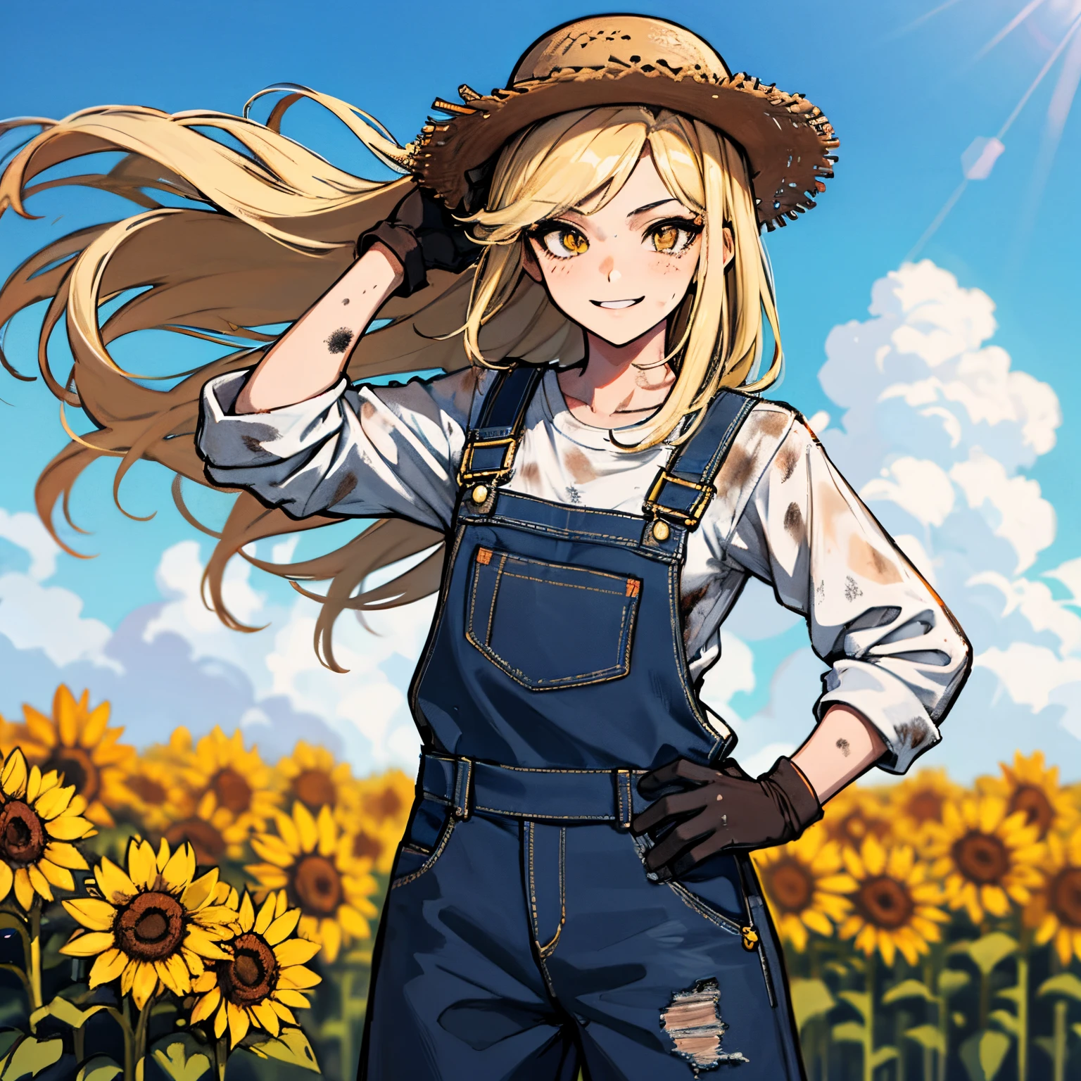 (absurdres, 8k, 4k, masterpiece, hyper extreme detailed:1.2), solo, side view portrait, best quality, portrait, solo, adult, cowboyshot, perfect anatomy, 1girl, perfect face, expressive eyes, perfect eyes, half body, dirty blonde hair, swept bangs, cool, confident, friendly, medium bust, goofy, funny, determined, protagonist, unchanging, worry free, adventurous, long hair, farm, sunflowers, dirt path, blue sky, clouds, sunny city, entertained, messy overalls, dirty, gold eyes, gloves, eccentric, odd, quirky, unique, carefree, original, messy hair, wind, windy, moving hair, moving clothes, tangled hair, dirty, happy, content, overalls, white under shirt, musical, freedom, inspiring, leader, america, dynamic pose, friendly, slight smirk, left hand on hat, right hand on hip, freckles, flowing hair, farmer, wandering, nomad, musician, guitar case, straw hat, freckles, dirty face, dirty clothes, white gloves, smiling, half body,