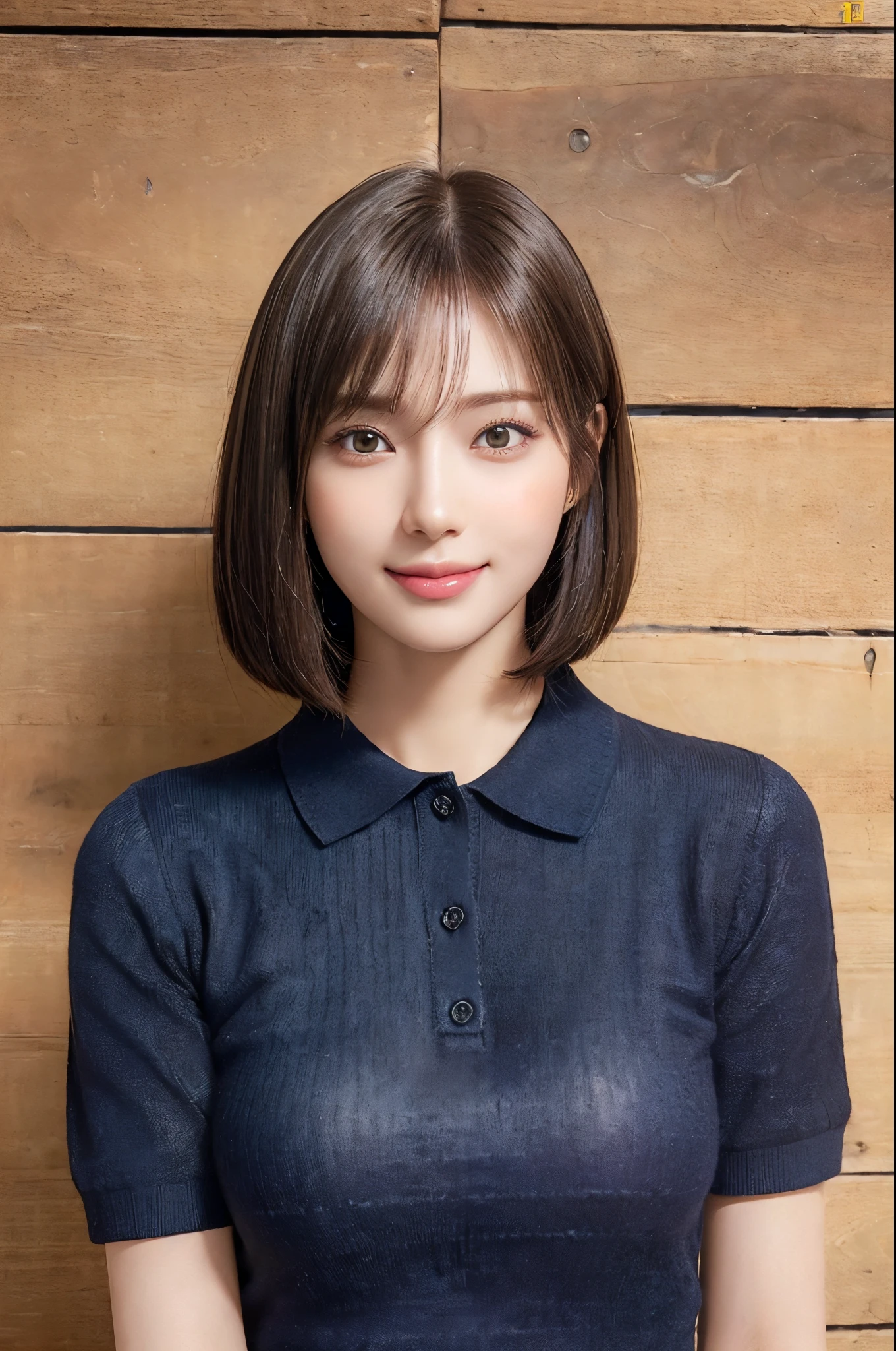 ((Detailed and super high quality:1.3)),((Realistic and super high quality:1.3)),((Photoreality:1.3)),((Very realistic textures:1.3)), japanes、Fair and beautiful skin、((Beautiful straight bob hair:1.5))、((Super Detail Face))Eye of Detail、二重まぶた、foco nítido:1.2 Light brown hair、top-quality、超A high resolution、(Photorealista:1.4)、Highly detailed and professional lighting smile、Gentle expression、((Shy smile:1.3)) very classy and intelligent　stylish and neat　Trend Fashion　((Dark navy　Luxury short sleeve knit polo shirt))、((21years old:1.3)) 　((realistic skin textures:1.5)) Amazing close-up of a very beautiful face　Beautiful schoolgirl　Beautiful bob hair down to the tips　Slender body type　kawaii