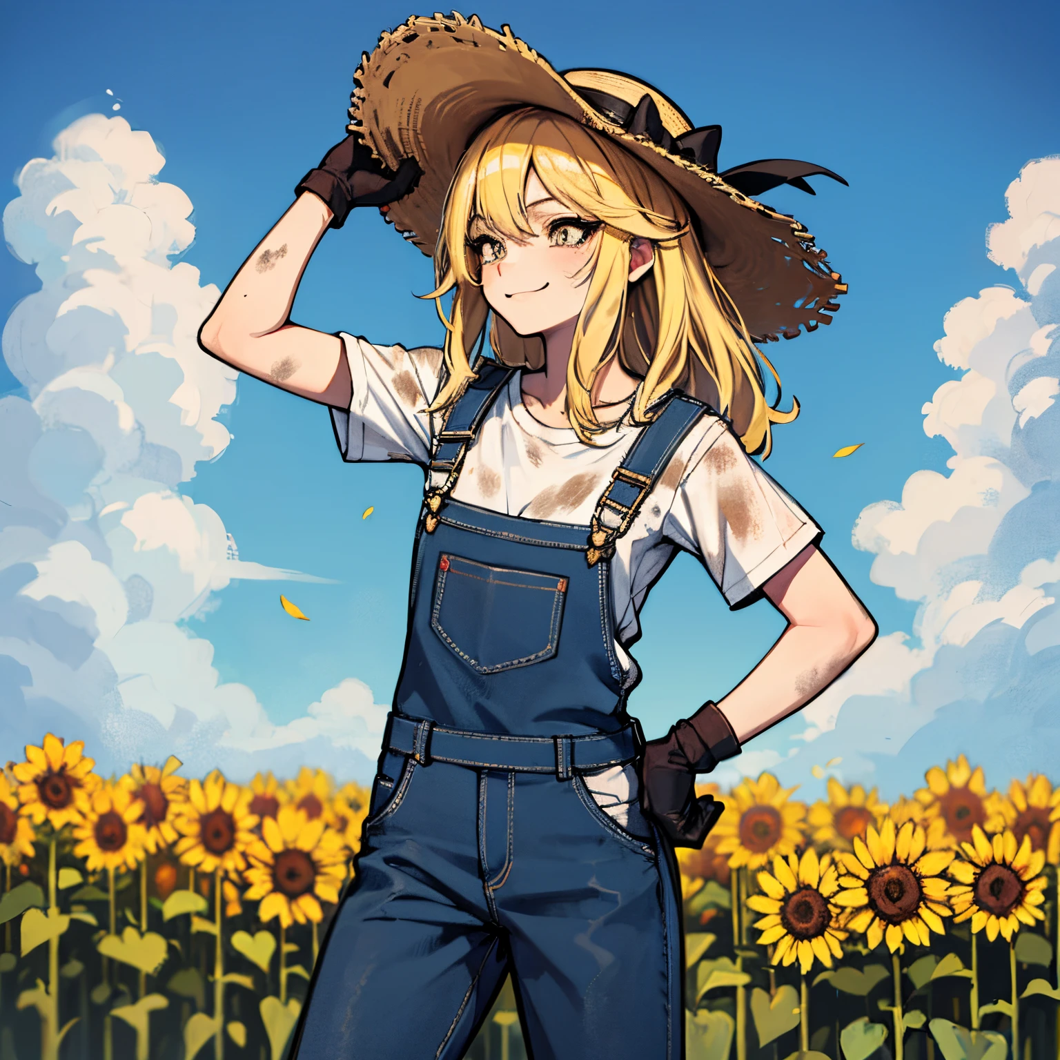 (absurdres, 8k, 4k, masterpiece, hyper extreme detailed:1.2), solo, side view portrait, best quality, portrait, solo, adult, cowboyshot, perfect anatomy, 1girl, perfect face, expressive eyes, perfect eyes, half body, dirty blonde hair, swept bangs, cool, confident, friendly, medium bust, goofy, funny, determined, protagonist, unchanging, worry free, adventurous, long hair, farm, sunflowers, dirt path, blue sky, clouds, sunny city, entertained, messy overalls, dirty, gold eyes, gloves, eccentric, odd, quirky, unique, carefree, original, messy hair, wind, windy, moving hair, moving clothes, tangled hair, dirty, happy, content, overalls, white under shirt, musical, freedom, inspiring, leader, america, dynamic pose, friendly, slight smirk, left hand on hat, right hand on hip, freckles, flowing hair, farmer, wandering, nomad, musician, guitar case, straw hat, freckles, dirty face, dirty clothes, white gloves, smiling, half body,