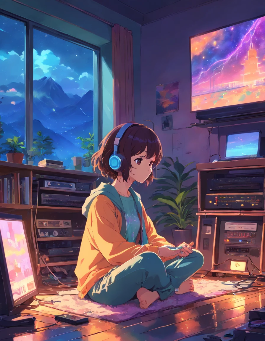 European Hippie Girl meditating in her room, dreaming, Wear headphones, night lights, Neon landscape on a rainy day, Analog Color Theme, Lo-Fi Hip Hop , retrospective, flat, 2.5D ,Draw a line, Ink Drawing, Large slope, Watercolor painting, Goosch Colors, Studio Ghibli Style, Awesome colorful, Outer Ton, krautrock, lofi art,  70s style,Old texture, amplitude,psychedelic vibe, masterpiece, Tremendous technology,