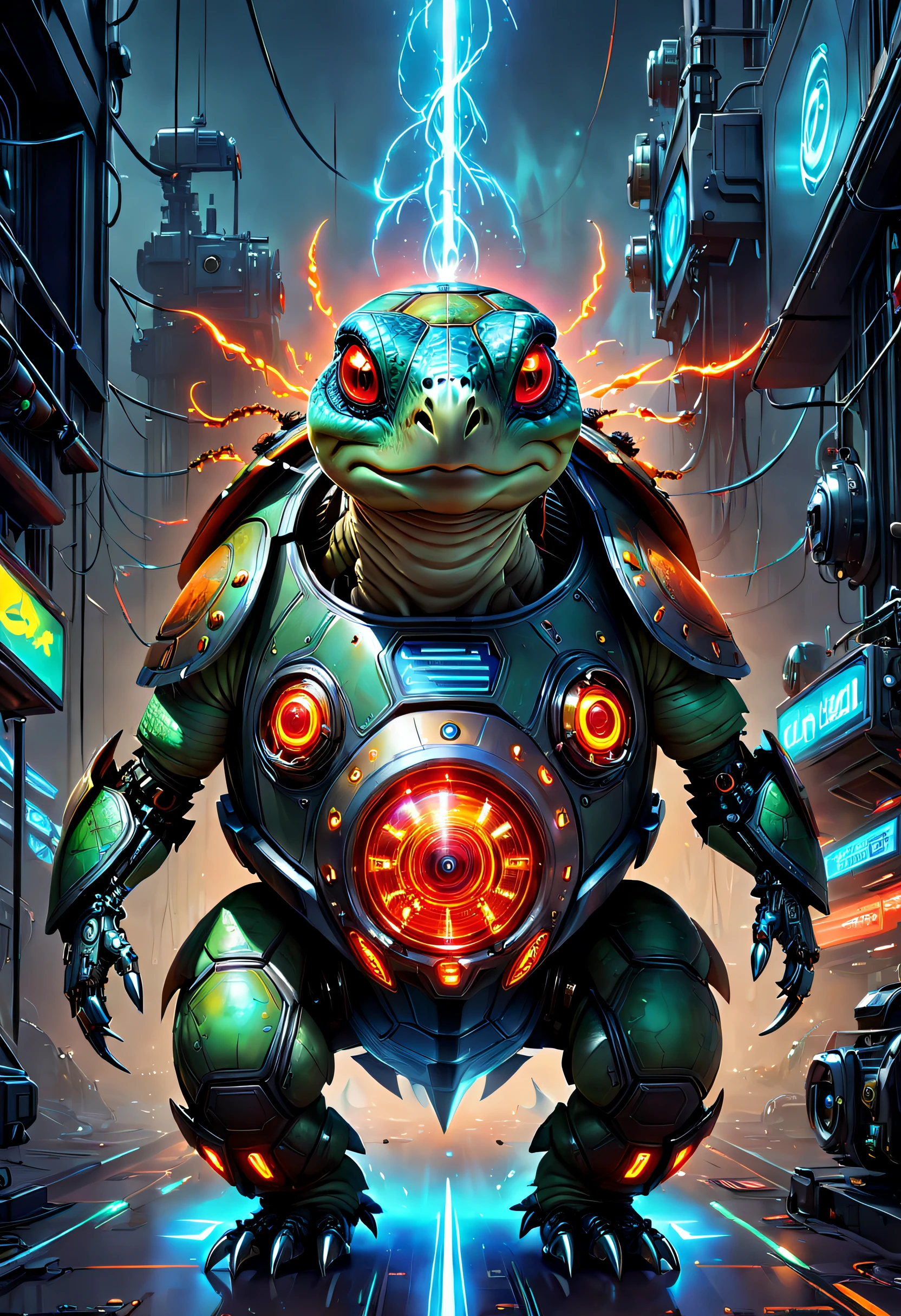 (Best quality at best, 8K, A high resolution, tmasterpiece:1.2), （ultra - detailed), (Mechanized Land Turtle，Galapagos tortoise: 1.5), full body shot of, dreamy glow，luminous neon lights，Cyberpunk high-tech mechanical components,Metal paws,Metal heads and pecks,Metal turtle shell,Very cool,Metal legs,Bionic eye,Detailed skin design,Pointed mouth,suspended in mid-air,Electric red and bright orange,Vivid glowing eyes,Reflective metal surface,Interlocking mechanical gears,Dynamic and stylish design,motion blur effect,Meticulous craftsmanship,sci-fi vibes,Streamlined aerodynamic shape,Laser scanning pattern,holographic projections,Light-emitting circuit lines,unforgettably beautiful,otherworldly precision,Advanced sensors,complex algorithm,Ominous and mysterious atmosphere,electric sparks,Shiny chrome plating,Propulsion systems of the future，独奏，中景 the scene is，concept-art, fantasy themed,Volumetriclighting, globalillumination, Reflectors, hyper HD，The light is bright，RGB color，Vibrant colors，cyber punk style