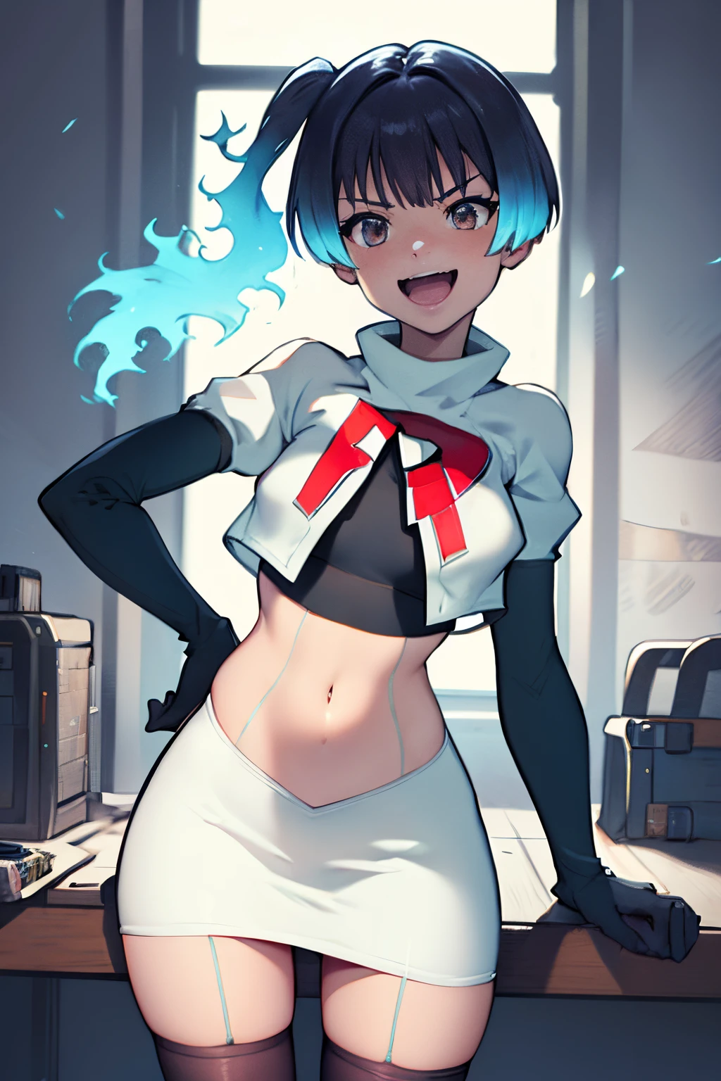 face of sena \(xenoblade\), 1girl,team rocket,team rocket uniform, red letter R, white skirt,white crop top,black thigh-highs,black elbow gloves,evil laugh ,
