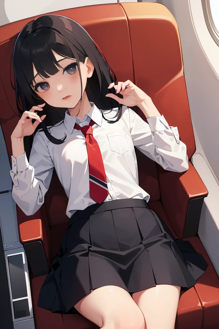 girls,(skirt),(bandeau),(shirt),(Tie),(Wetting),(bangss),(The hair on the back of my head falls down to my waist.),(White skin),(spoken),airplane,(sitting in an airplane chair),(Legs spread apart)