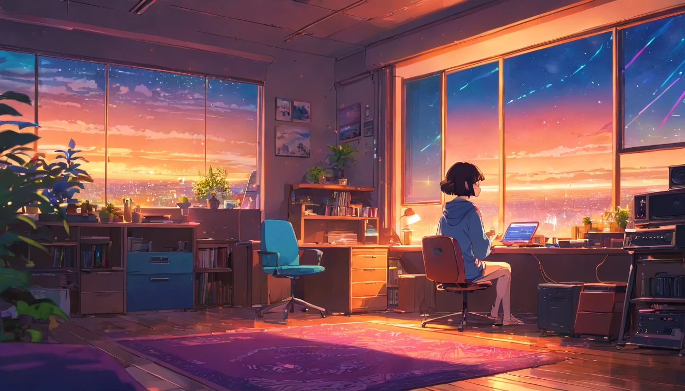 European Hippie Girl meditating in her room, dreaming, Wear headphones, night lights, Neon landscape on a rainy day, Analog Color Theme, Lo-Fi Hip Hop , retrospective, flat, 2.5D ,Draw a line, Ink Drawing, Large slope, Watercolor painting, Goosch Colors, Studio Ghibli Style, Awesome colorful, Outer Ton, krautrock, lofi art, 70s style,Old texture, amplitude,psychedelic vibe, masterpiece, Tremendous technology,
