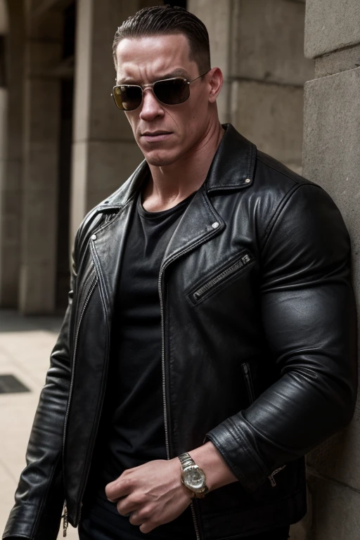 Terminator t800 is 100% John Cena face, With Classic black leather biker clothes, black sunglasses, shotgun in his hand, photorealistic, heavy shadow, dramatic light, Hyperrealistic, Hyperdetailed,masterpiece, best quality, ultra realistic, 8k, golden ratio, Intricate, High Detail, film photography, 100% John Cena face, John Cena look a like, terminator 2,battle damage, very muscle, 100% John Cena, 100% terminator, John Cena face