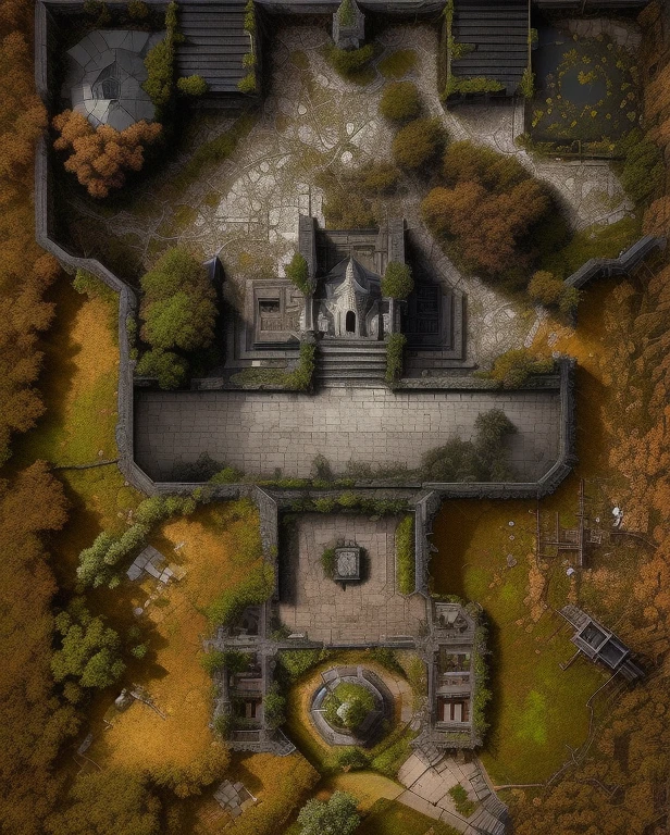 a close-up of a small building surrounded by trees and bushes, templo secreto coberto, mapa dnd sem grade, vista acima, r / Mapas de batalha, insanamente detalhado, dnd setting!, Warhammer fantasy setting, mapas da oficina steam, Ambiente intrincado - N 9, ambiente intrincado detalhado, View from above, dark tomb setting, small chamber. hiper-realista, overgrown jungle ruins