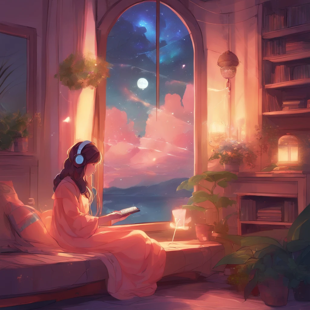 Girl listening to music in cozy room at night, Use headphones, 2D style anime, lo fi, Rain outside the window、Analog Color Theme、ghibuli style、