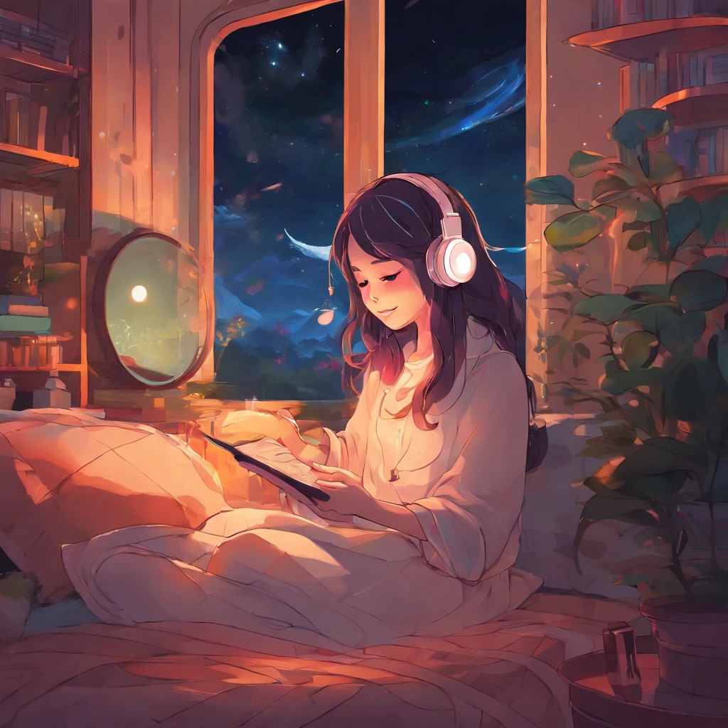 Girl listening to music in cozy room at night, Use headphones, 2D style anime, lo fi, Rain outside the window、Analog Color Theme、ghibuli style、
