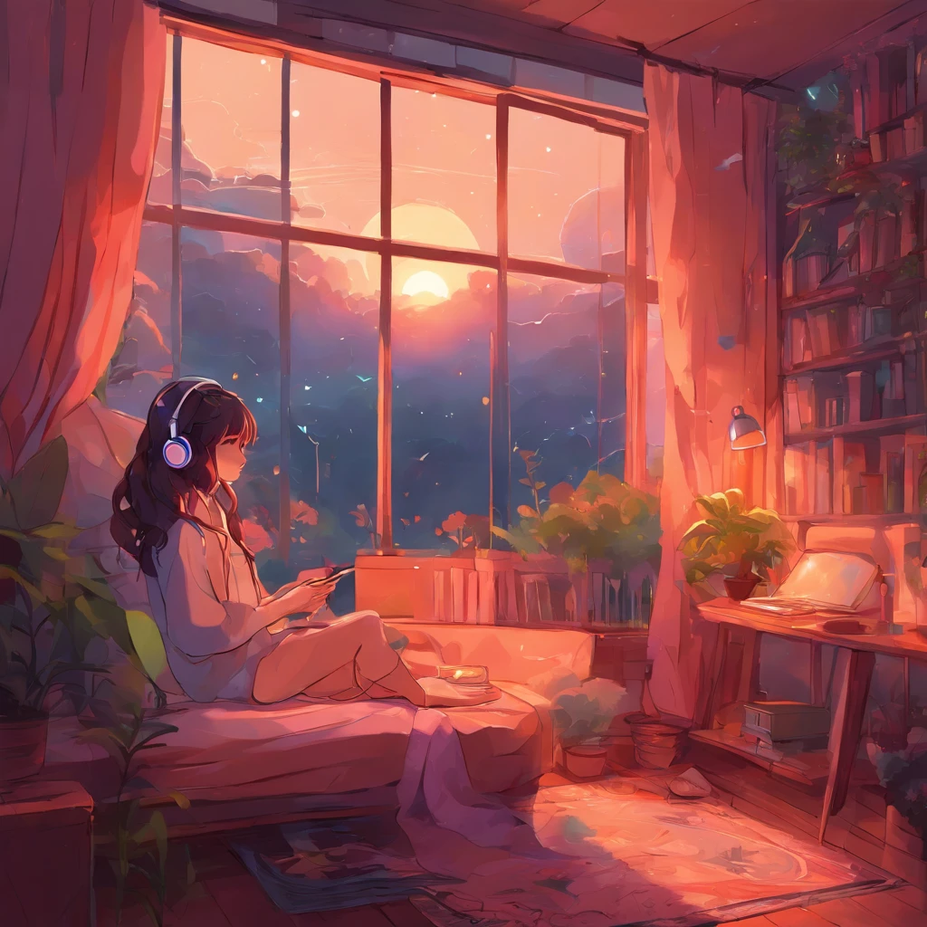 Girl listening to music in cozy room at night, Use headphones, 2D style anime, lo fi, Rain outside the window、Analog Color Theme、ghibuli style、