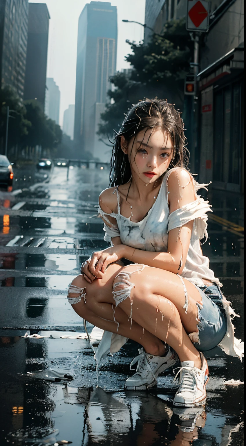 best image quality, masterpiece, super high resolution, (fidelity:1.4), photo, 1 girl, white shirt, torn jeans, white sneakers, dim, darkness, despair, pity, poor, movie, tears, teardrops, (torn clothes:1.5), (wet clothes:1.4), bare shoulders, real rain, wet hair,..