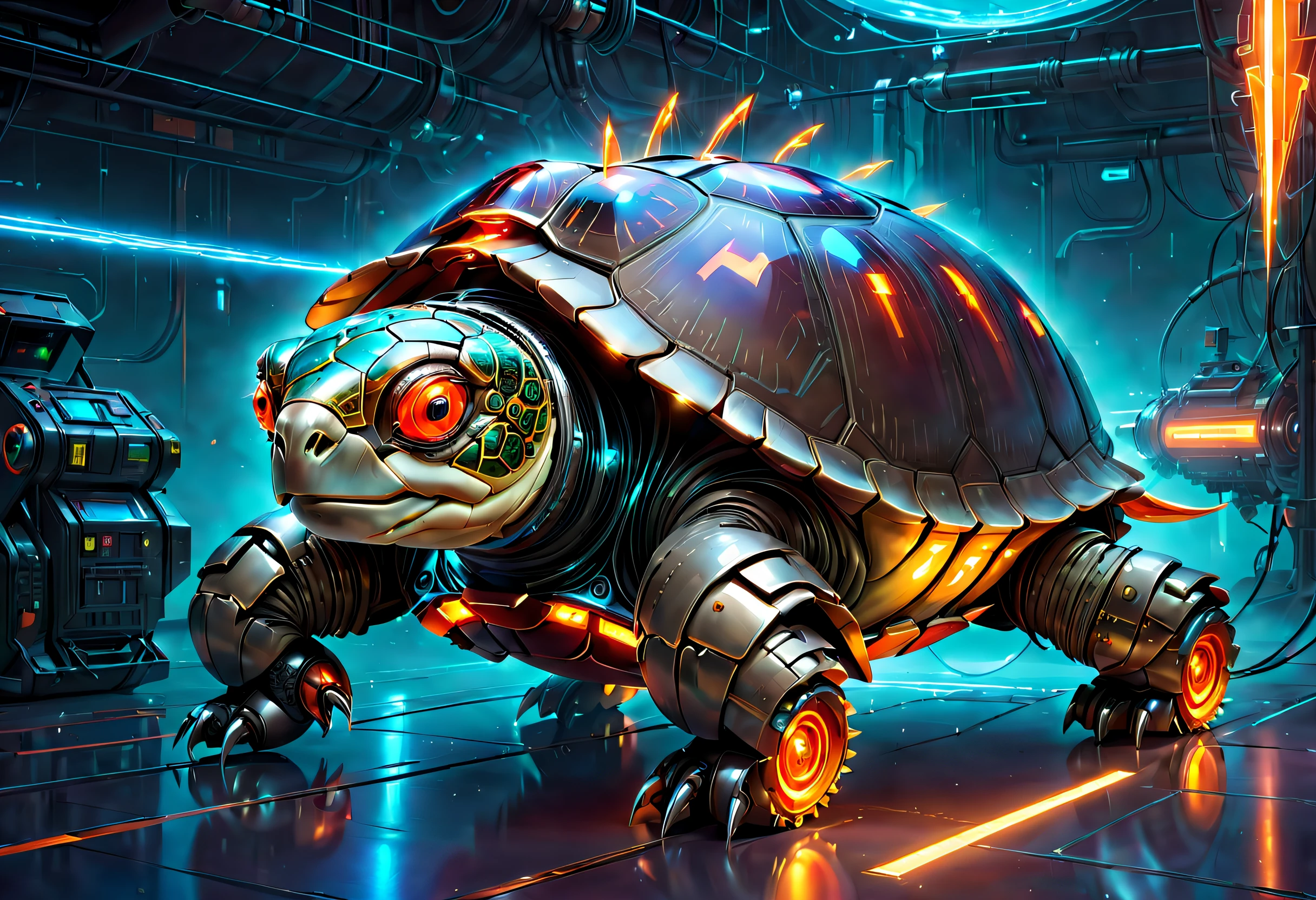 (Best quality at best, 8K, A high resolution, tmasterpiece:1.2), （ultra - detailed), (Mechanized Galapagos tortoise: 1.5), full body shot of, dreamy glow，luminous neon lights，Cyberpunk high-tech mechanical components,Metal paws,Metal heads and pecks,Metal turtle shell,Very cool,Metal legs,Bionic eye,Detailed skin design,Pointed mouth,suspended in mid-air,Electric red and bright orange,Vivid glowing eyes,Reflective metal surface,Interlocking mechanical gears,Dynamic and stylish design,motion blur effect,Meticulous craftsmanship,sci-fi vibes,Streamlined aerodynamic shape,Laser scanning pattern,holographic projections,Light-emitting circuit lines,unforgettably beautiful,otherworldly precision,Advanced sensors,complex algorithm,Ominous and mysterious atmosphere,electric sparks,Shiny chrome plating,Propulsion systems of the future，独奏，中景 the scene is，concept-art, fantasy themed,Volumetriclighting, globalillumination, Reflectors, hyper HD，The light is bright，RGB color，Vibrant colors，cyber punk style