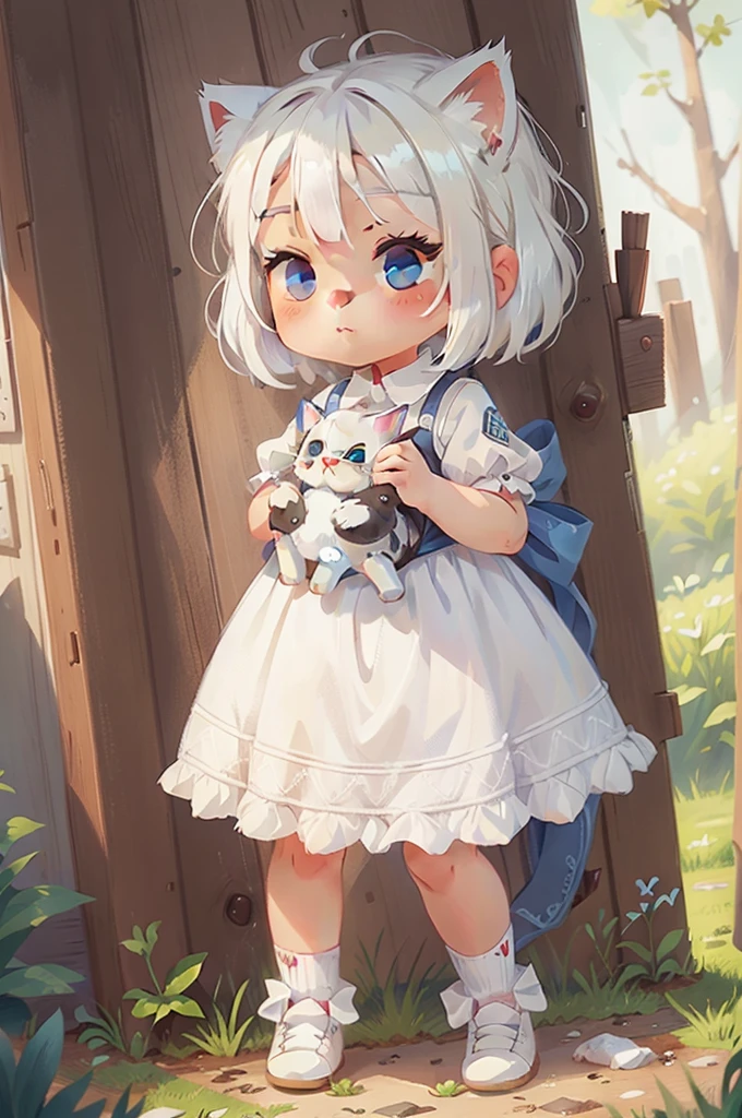A kitten, white hair, cute, chibi, blue eyes