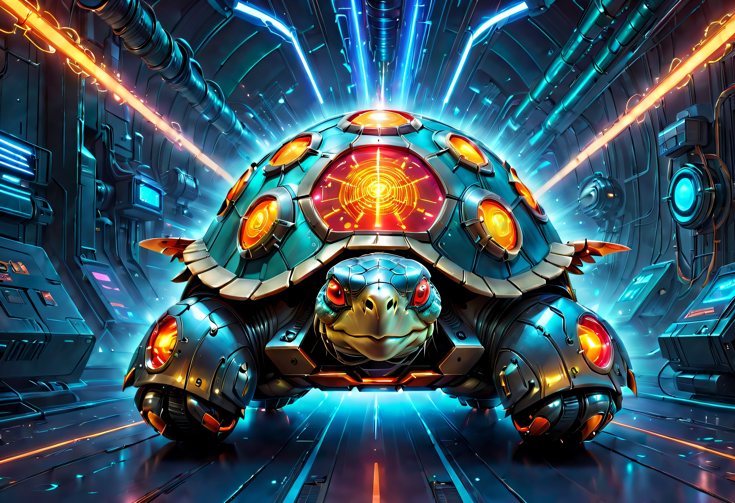 (Best quality at best, 8K, A high resolution, tmasterpiece:1.2), （ultra - detailed), (Mechanized Galapagos tortoise: 1.5), full body shot of, dreamy glow，luminous neon lights，Cyberpunk high-tech mechanical components,Metal paws,Metal heads and pecks,Metal turtle shell,Very cool,Metal legs,Bionic eye,Detailed skin design,Pointed mouth,suspended in mid-air,Electric red and bright orange,Vivid glowing eyes,Reflective metal surface,Interlocking mechanical gears,Dynamic and stylish design,motion blur effect,Meticulous craftsmanship,sci-fi vibes,Streamlined aerodynamic shape,Laser scanning pattern,holographic projections,Light-emitting circuit lines,unforgettably beautiful,otherworldly precision,Advanced sensors,complex algorithm,Ominous and mysterious atmosphere,electric sparks,Shiny chrome plating,Propulsion systems of the future，独奏，中景 the scene is，concept-art, fantasy themed,Volumetriclighting, globalillumination, Reflectors, hyper HD，The light is bright，RGB color，Vibrant colors，cyber punk style