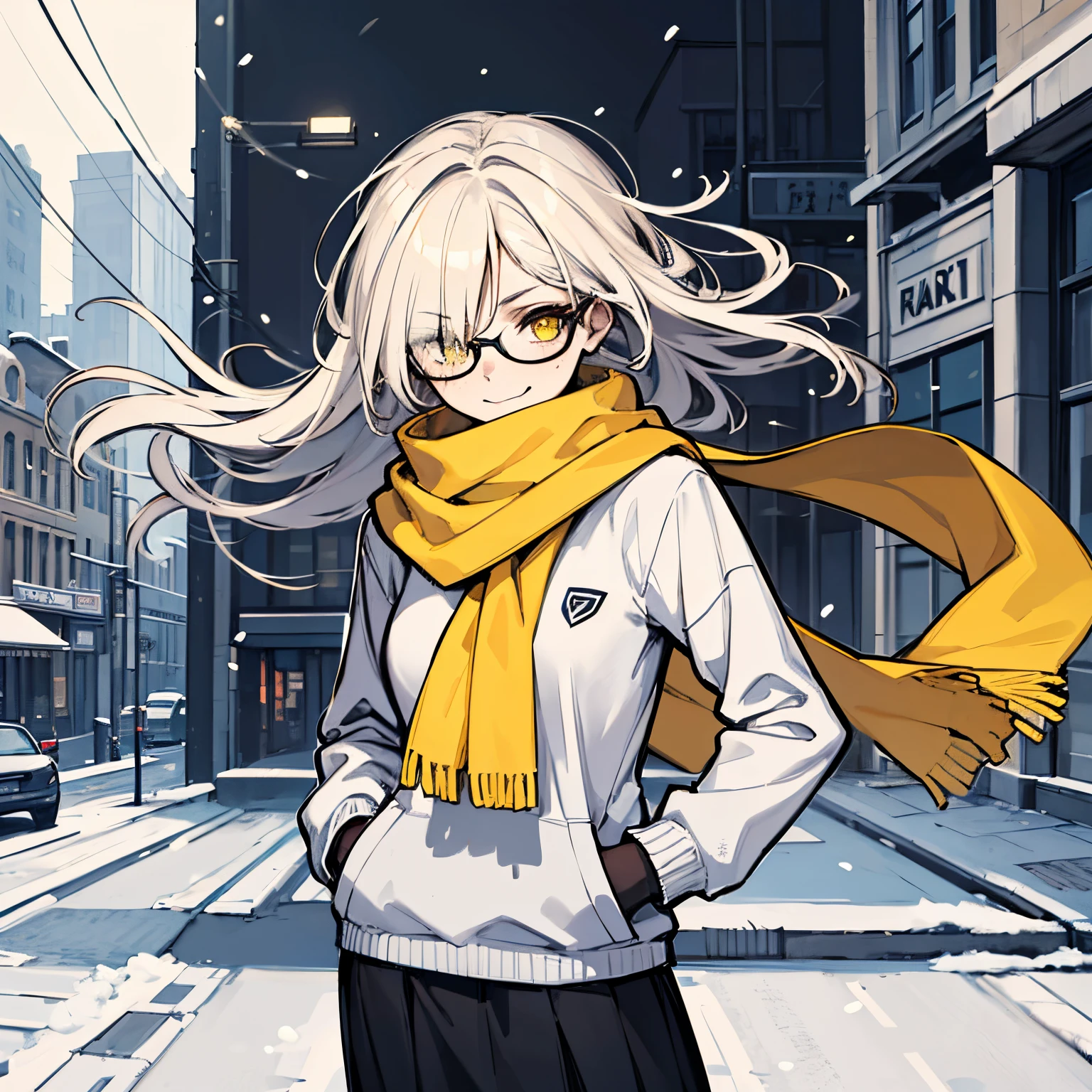 (absurdres, 8k, 4k, masterpiece, hyper extreme detailed:1.2), solo, front view portrait, best quality, portrait, solo, adult, cowboyshot, perfect anatomy, 1girl, perfect face, expressive eyes, perfect eyes, half body, platinum blonde hair, swept bangs, glasses, cool, confident, friendly, medium bust, toned, cool, suve, protagonist, unchanging, worry free, adventurous, long hair, snow, snowy city, entertained, white graphic sweater, yellow scarf, gold eyes, braided hair, gloves, symbols on sweater, skirt, eccentric, odd, quirky, unique, carefree, original, messy hair, wind, windy, moving hair, moving clothes, tangled hair, dirty, happy, content, streetwear, sleeve arm warmers, sleeves, dynamic pose, friendly, slight smirk, yellow scarf, left hand on hip, right hand in pocket, freckles, flowing hair, hair over one eye,