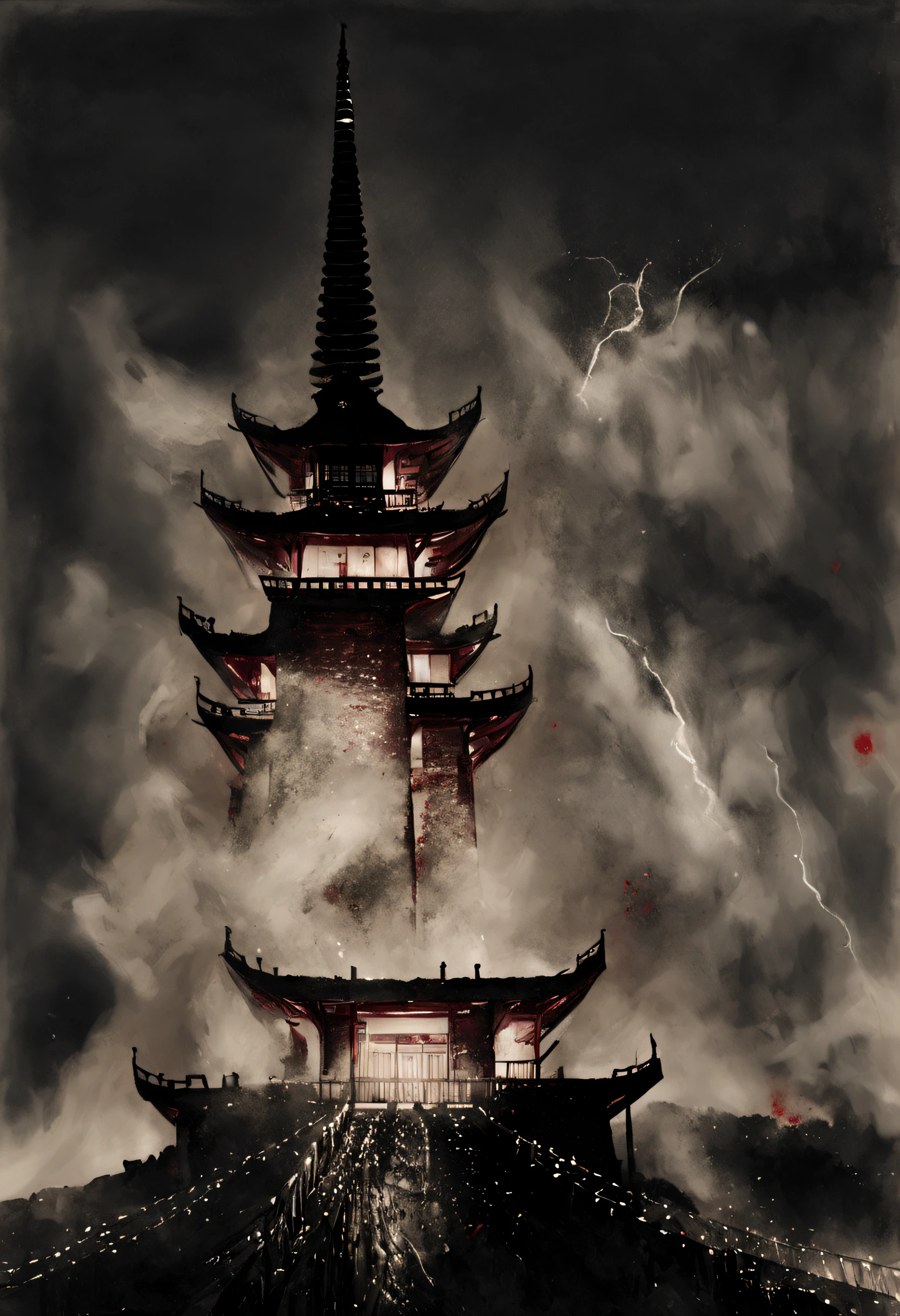 charcoal drawing of a Japanese castle, top of a mountain, Mount Fuji with white splashes, red stones on the ground and lit lamps; elegant, in the style of jeremy mann, fashion, product, dark fantasy, conceptual art, painting, illustration, vibrant
