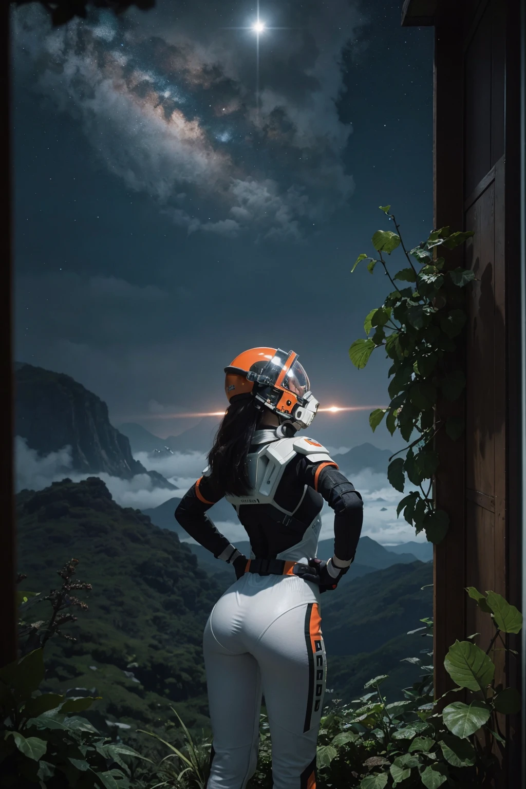 Masterpiece, highest quality, rear angle, Highly detailed photo of a (female space soldier wearing orange and white space suit, helmet, with tinted face shield, rebreather, accentuated booty), athletic body, buff ass, [wide hips], (bending over and leaning forward to investigating a strange glowing alien artifact), on alien exoplanet, (mountains:1.1), (exotic rain forest), lush vibrant foliage, (two moons in the sky:0.8), (hyperdetailed, intricately detailed), background by Jessica Rossier, (sci-fi), during the day, (lens flare:0.5), (bloom:0.6), particle effects, (cinematic lighting:1.1), sharp shadows, ambient light, [bioluminescente], raytracing, photographed on a Leica S3, RF 35mm lens, F2.8 , sharp focus, Cinestill 800T, still frame from Gravity 2013, 8k, HDR, from behind, (epic)