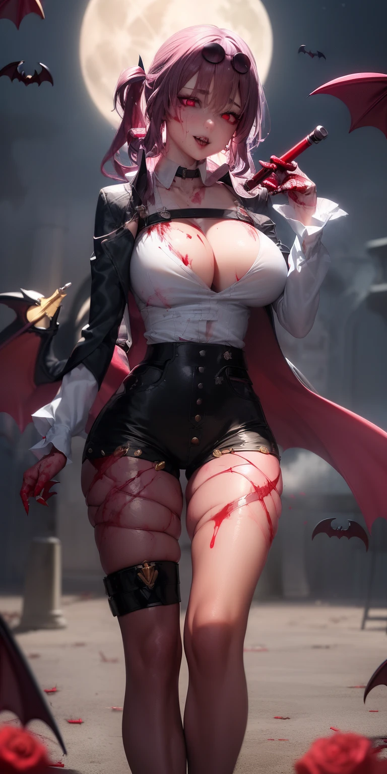 realistic, 1girl, (vampire girl:1.4), white hair, (red eyes), glowing eyes, slit pupils, (blood, blood splatter), crop top, cleavage, short shorts, collarbone, parted lips, fangs, makeup, blush, night, reflection, full moon, moonlight, rose, castle, shadow, darkness, bat \(animal\),