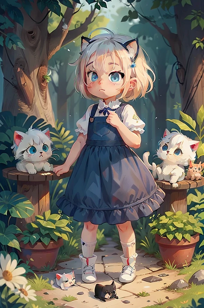 A kitten, white hair, cute, chibi, blue eyes