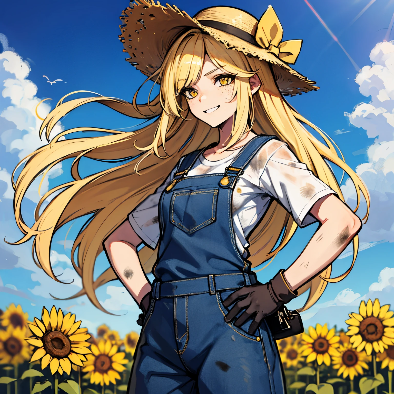 (absurdres, 8k, 4k, masterpiece, hyper extreme detailed:1.2), solo, side view portrait, best quality, portrait, solo, adult, cowboyshot, perfect anatomy, 1girl, perfect face, expressive eyes, perfect eyes, half body, dirty blonde hair, swept bangs, cool, confident, friendly, medium bust, goofy, funny, determined, protagonist, unchanging, worry free, adventurous, long hair, farm, sunflowers, dirt path, blue sky, clouds, sunny city, entertained, messy overalls, dirty, gold eyes, gloves, eccentric, odd, quirky, unique, carefree, original, messy hair, wind, windy, moving hair, moving clothes, tangled hair, dirty, happy, content, overalls, white under shirt, musical, freedom, inspiring, leader, america, dynamic pose, friendly, slight smirk, left hand on hat, right hand on hip, freckles, flowing hair, farmer, wandering, nomad, musician, guitar case, straw hat, freckles, dirty face, dirty clothes, white gloves, smiling, half body, torn clothes,