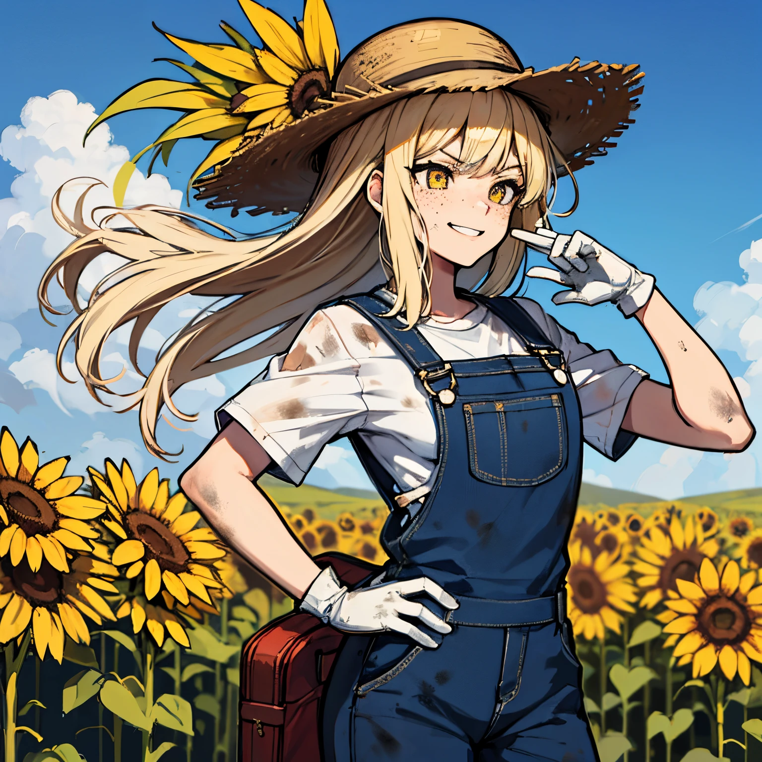 Fischl from Genshin impact game, 1woman, as a farm woman, wearing farm outfit with overalls and hat, at a farm, blonde hair style, one eye patch, 8k, high detailed, high quality, full body