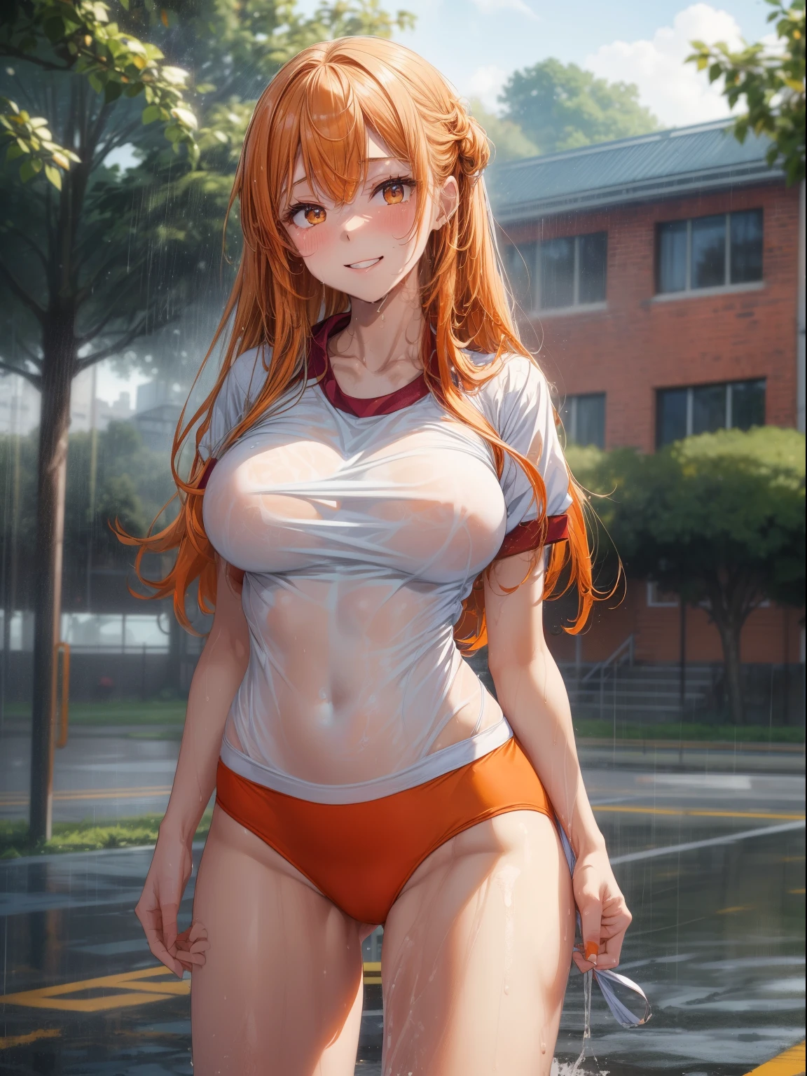top-quality、Full limbs、complete fingers、1girl in、((one beautiful women、独奏))、Beautiful Large Breasts、Long Hair、straight haired、orange color hair、(White gym uniform that covers the drenched upper body)、((orange high leg spats))、(schools、School Grounds、school buildings、sports ground)、Naughty Poses、A big smile、Wet texture