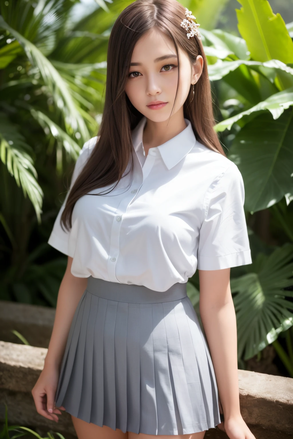 ((1 female: 1.5)), (anatomically correct proportions), (sexy proportions), ((male attractive poses)), detailed face, detailed hair, detailed skin, (( Small face: 1.2)), (no makeup), ((large breasts)), (short torso: 1.2), thin waist, (small hips), ((1 screen)), (8K), RAW shot , highest quality, ((masterpiece)), realistic photo, shot above the knee, (cute face like a Japanese idol), 18-year-old girl, ((heavy rain day: 1.8)), ((a crying high school girl is sitting on a bench in the schoolyard: 1.5 )), (collared blouse in school uniform is white: 1.2), (((rainy blouse: 1.5))), ((bra is not worn)), (ribbon: 1.5), ((nipple shadow: 1.5)), (((wet skirt: 1.5))), ((wet hair: 1.5)), ((wet bangs: 1.5)), sad look