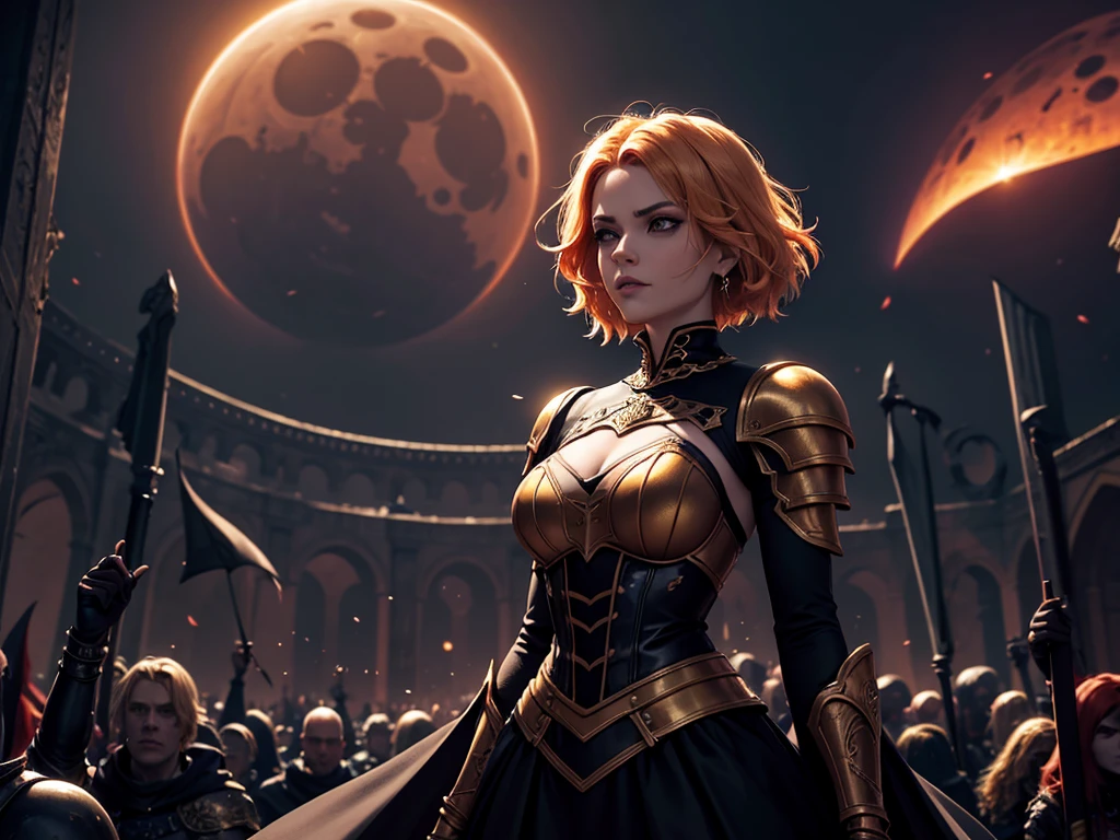 Uma personagem feminina usando capa, short golden hair, In the midst of the crowd,Eclipse,goth clothing, detalhadas, 8k, magnificent art, dramatic scene, Red eclipse at the top of the image, Gothic armor with golden details, Vampiro, fluttering cover, arms crossed on a high stone.