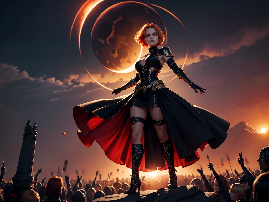 Uma personagem feminina usando capa, short golden hair, In the midst of the crowd,Eclipse,goth clothing, detalhadas, 8k, magnificent art, dramatic scene, Red eclipse at the top of the image, Gothic armor with golden details, Vampiro, fluttering cover, arms crossed on a high stone.