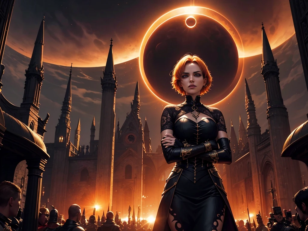Uma personagem feminina usando capa, short golden hair, In the midst of the crowd,Eclipse,goth clothing, detalhadas, 8k, magnificent art, dramatic scene, Red eclipse at the top of the image, Gothic armor with golden details, Vampiro, fluttering cover, arms crossed on a high stone.