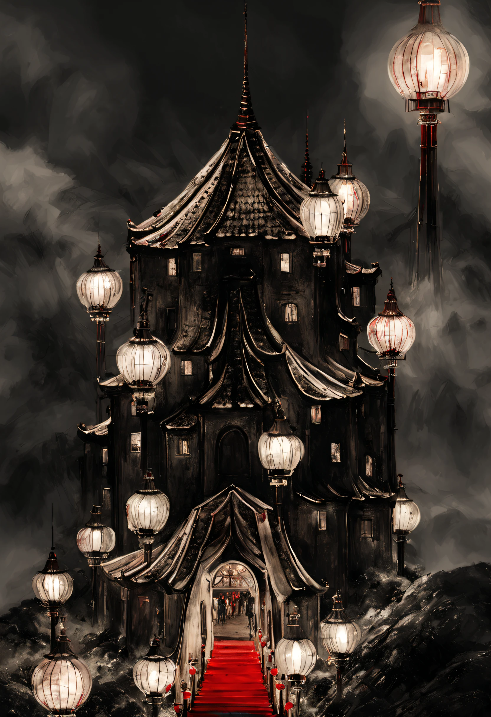 Create high quality 8K Ultra HD digital art, obra-prima, charcoal drawing of a Japanese castle, top of a mountain, Mount Fuji with white splashes, red stones on the ground and lit lamps; elegant, in the style of jeremy mann, fashion, product, dark fantasy, conceptual art, painting, illustration, vibrant