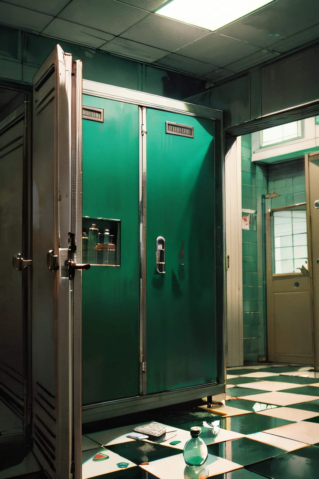 a gruthkaw grunge, 1980's dark fantasy film, chessboard floor, green locker room, secret door, tile wall, sky polluted with green, museum ruins, near future laboratory, medicine bottles, time machine in the fridge,