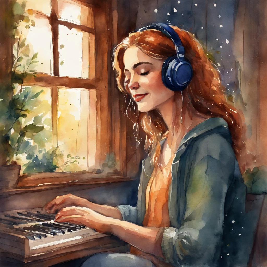 Girl listening to music in cozy room at night, Use headphones, 2D style anime, lo fi, Rain outside the window、Analog Color Theme、ghibuli style、