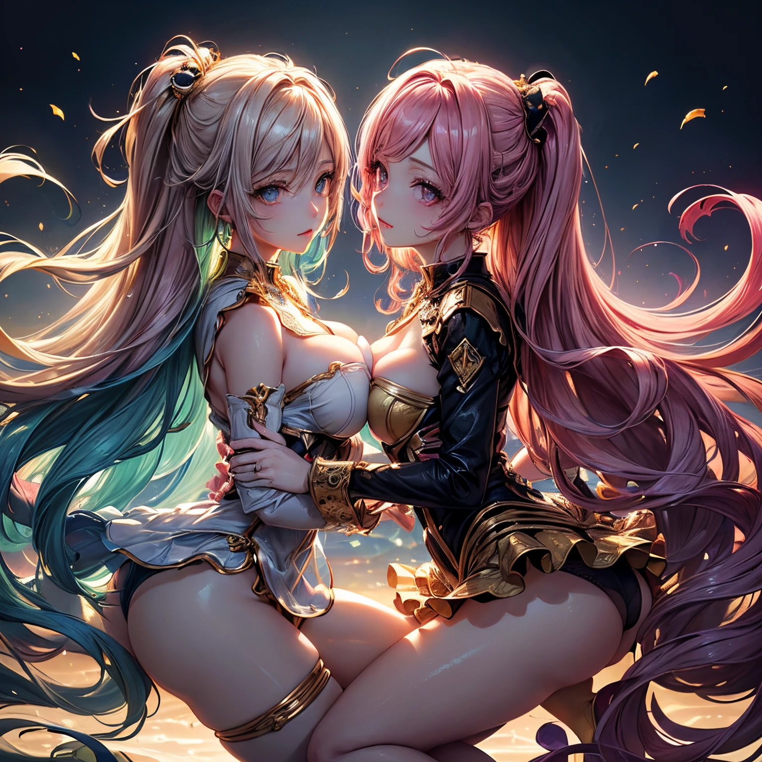 (Beautiful detailed eyes,Beautiful detailed lips,extremely detailed eye and face,Hires steps:40,longeyelashes,Cute girl in alchemy costume,Cute uniform,miniskirt laugh out loud,attractive girl,Best Quality,busty,masutepiece:1.2,stunning figure,Erotically cute,Ultra-high resolution,Gorgeous girl,Lovely girl,Multi-colored hair,Relaxation Socks,High resolution,gorgeous eyes,Perfect beauty) (masterpiece、top-quality、top-quality、watercolor paiting(Curly)、Official art、Beautifully Aesthetic:1.2)、(2girl with:1.3)、(Fractal Art:1.3)、The upper part of the body、From Side、looking at the viewers、patterns、(rainbow-colored hair、colourful hair、Half white and half pink hair:1.2)、((A detailed4This refers to、Thumb joint details))、Eau、gases、云、colourfull、Deep kissing、(I'm、violate、Detailed panties)