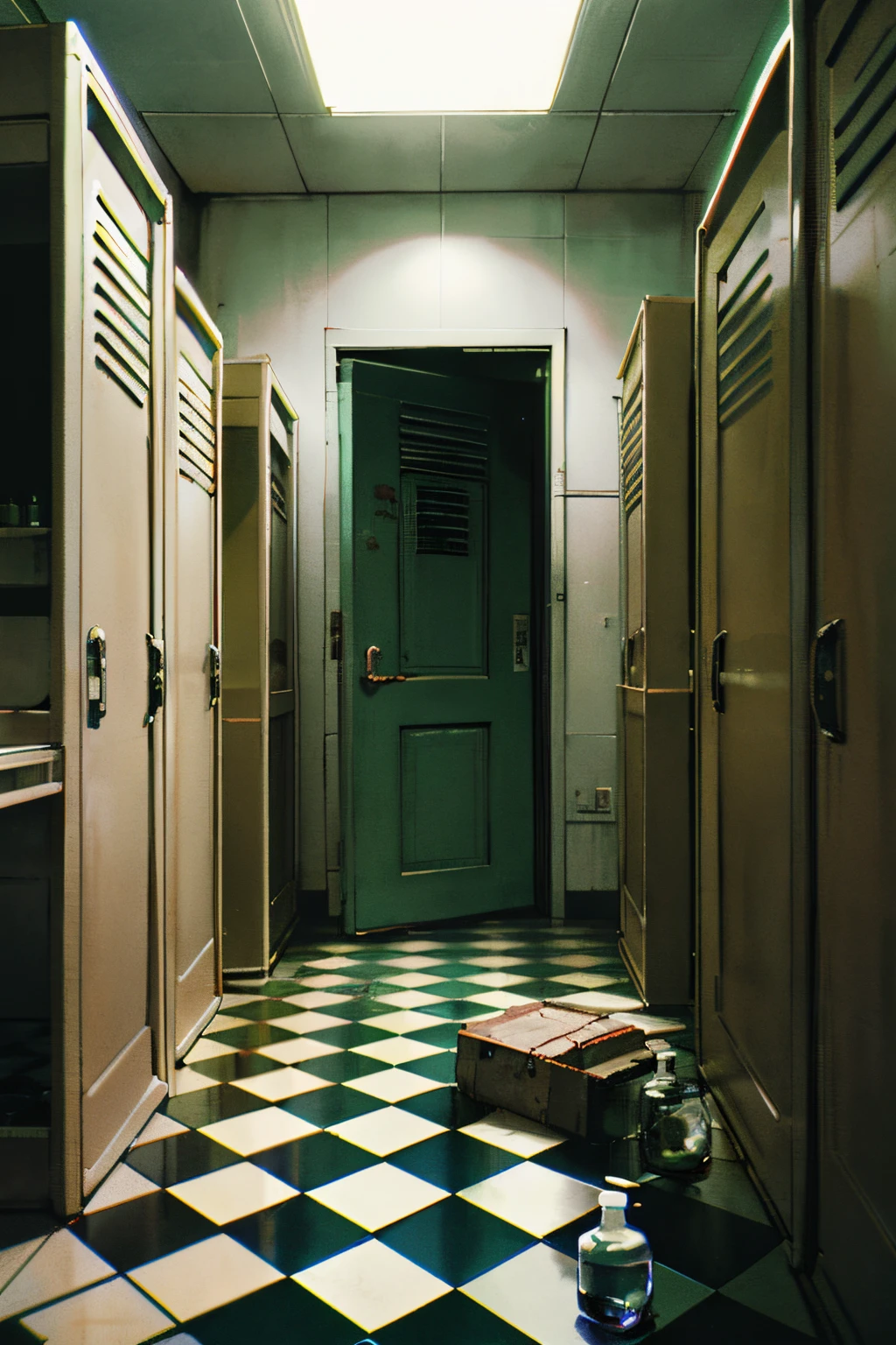 a gruthkaw grunge, 1980's dark fantasy film, chessboard floor, green locker room, secret door, tile wall, sky polluted with green, museum ruins, near future laboratory, medicine bottles, time machine in the fridge,
