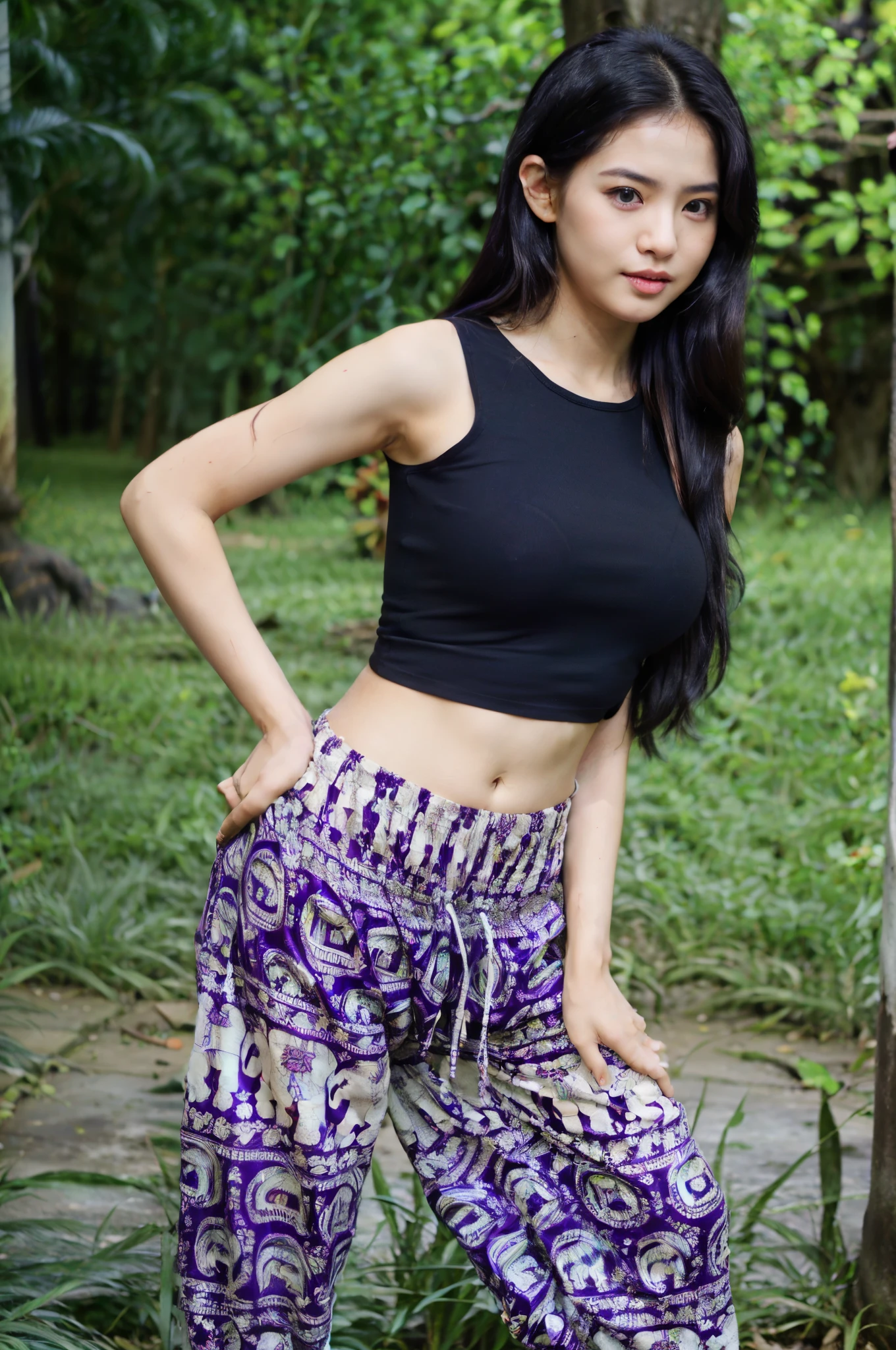 (best quality:1.4), (ultra highres:1.2), (photorealistic:1.4), (8k, RAW photo:1.2),(medium shot see girl face and pants :1.4), (thai girl sexy face:1.4), (looking at viewer),(black hair :1.5), wearing ( purple ThaiElephantHaremPants:1.3),(white top:1.4), (in bangkok),(natural light),(rim light),