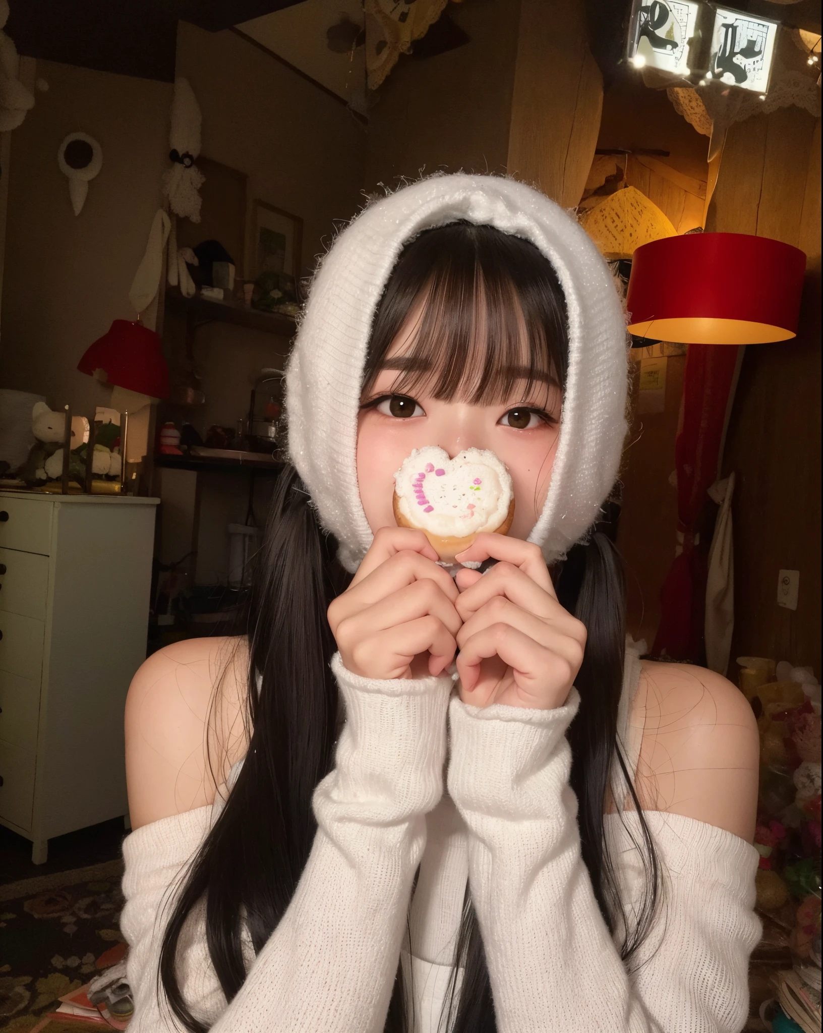 araffe girl in a white hat and white gloves holding a donut, Ulzzang, Ruan Vtuber Fofo, de cabelo preto vestindo capuz, twintails branco_Luvas, branco hime corte penteado, wearing a cute hat, Shikami, fofo, Sakimichan, meninai bonito, it's wearing a cute little hat