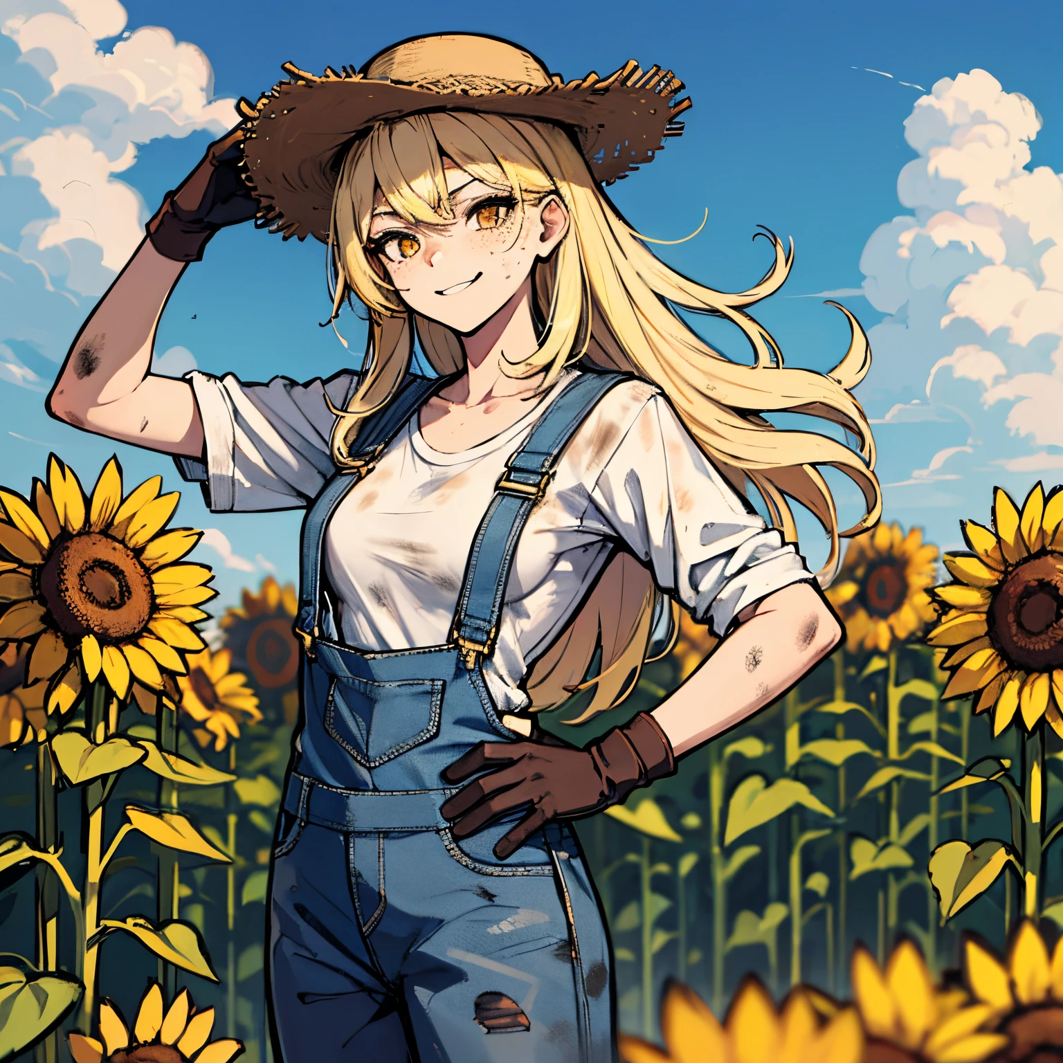 (absurdres, 8k, 4k, masterpiece, hyper extreme detailed:1.2), solo, side view portrait, best quality, portrait, solo, adult, cowboyshot, perfect anatomy, 1girl, perfect face, expressive eyes, perfect eyes, half body, dirty blonde hair, swept bangs, cool, confident, friendly, medium bust, goofy, funny, determined, protagonist, unchanging, worry free, adventurous, long hair, farm, sunflowers, dirt path, blue sky, clouds, sunny city, entertained, messy overalls, dirty, gold eyes, gloves, eccentric, odd, quirky, unique, carefree, original, messy hair, wind, windy, moving hair, moving clothes, tangled hair, dirty, happy, content, overalls, white under shirt, musical, freedom, inspiring, leader, america, dynamic pose, friendly, slight smirk, left hand on hat, right hand on hip, freckles, flowing hair, farmer, wandering, nomad, musician, guitar case, straw hat, freckles, dirty face, dirty clothes, white gloves, smiling, half body, torn clothes,