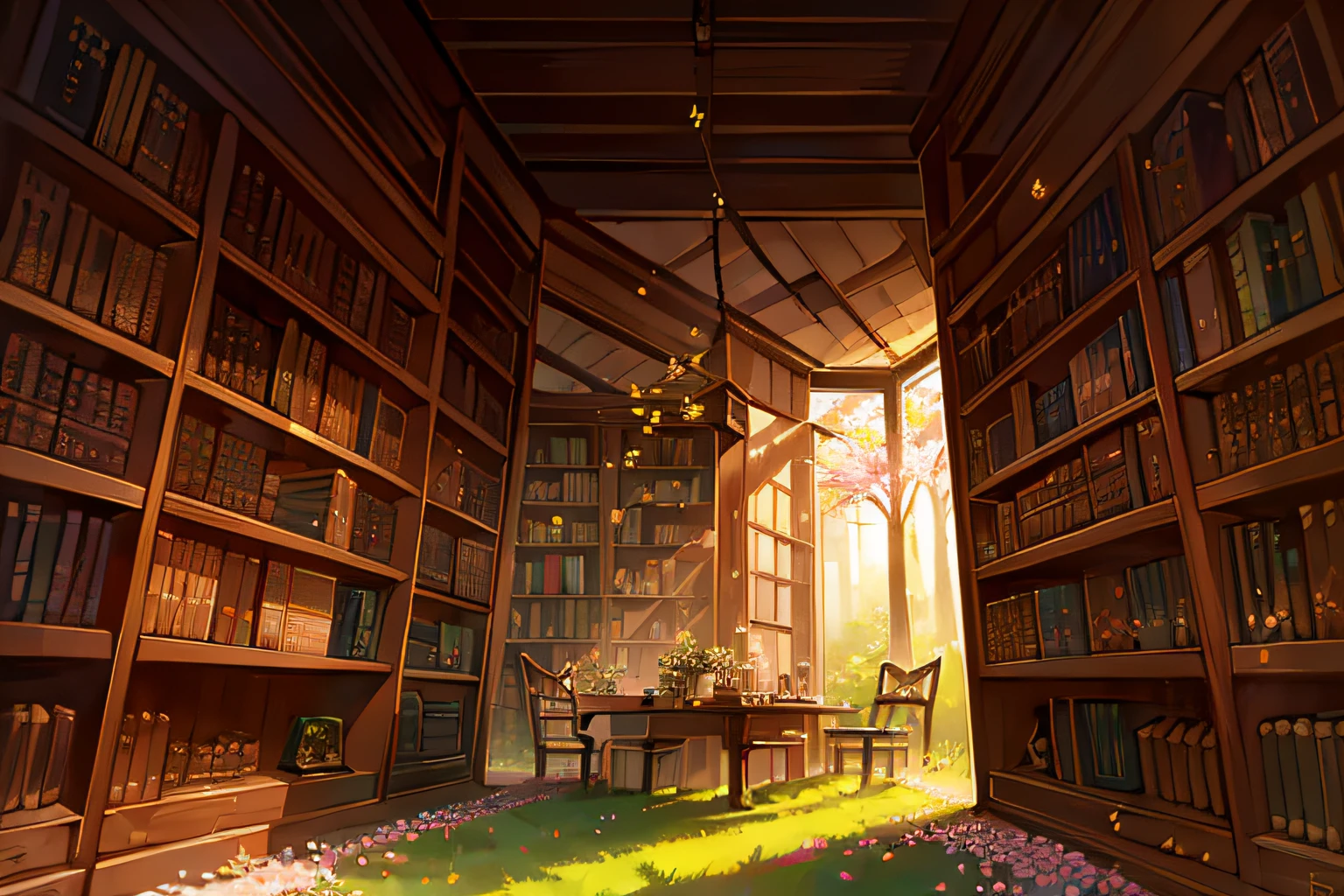 grassy fields，opened book，A stone table，chessboard made of stone，gobang，Black and white chess pieces，morningglow，rays of sunshine，blue-sky，Peach blossom tree，falling flower petals，Stone bench，Bookcase full of books