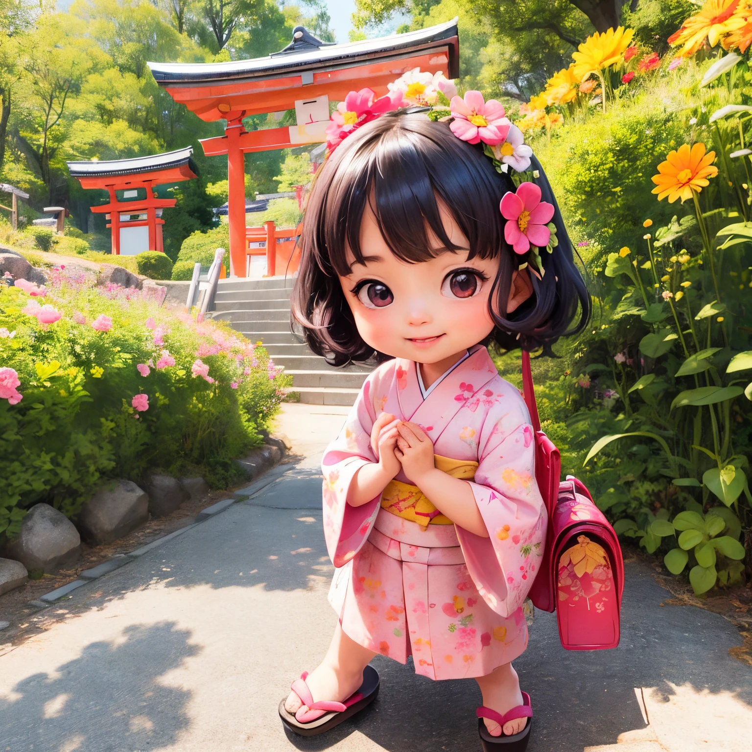 photoRealstic、Japan shrine in the background、3Year old girl、Wearing a kimono to celebrate Shichi-Go-San、Traditional events of Japan、Smile, kawaii pose 、 ultradetailed eyes、Full Paint、Floral hair ornament、butterfly hair ornament、on my right hand, I have a bag of Chitose candy、Strong bokeh、Flowers in the foreground