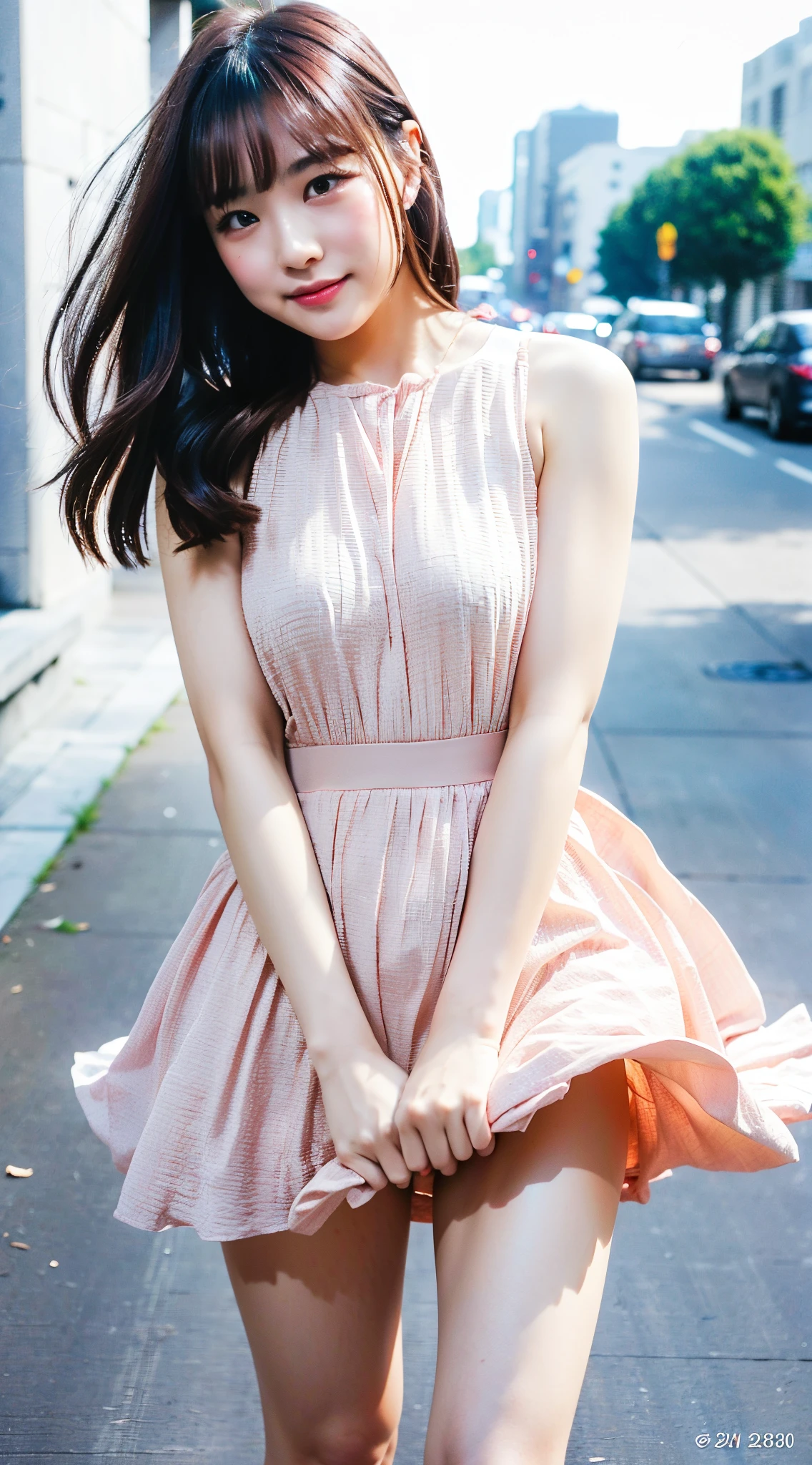 (Best quality, 8k, 32k, Masterpiece, UHD:1.2),Photo of Pretty Japanese woman,(sad smile,blush:1.1),looking at viewer,(beautiful detailed dress skirt:1.2),detailed legs,(spread legs:0.9),(lace panties:0.9),(wind lift:1.6), full body,windy,city,outdoors