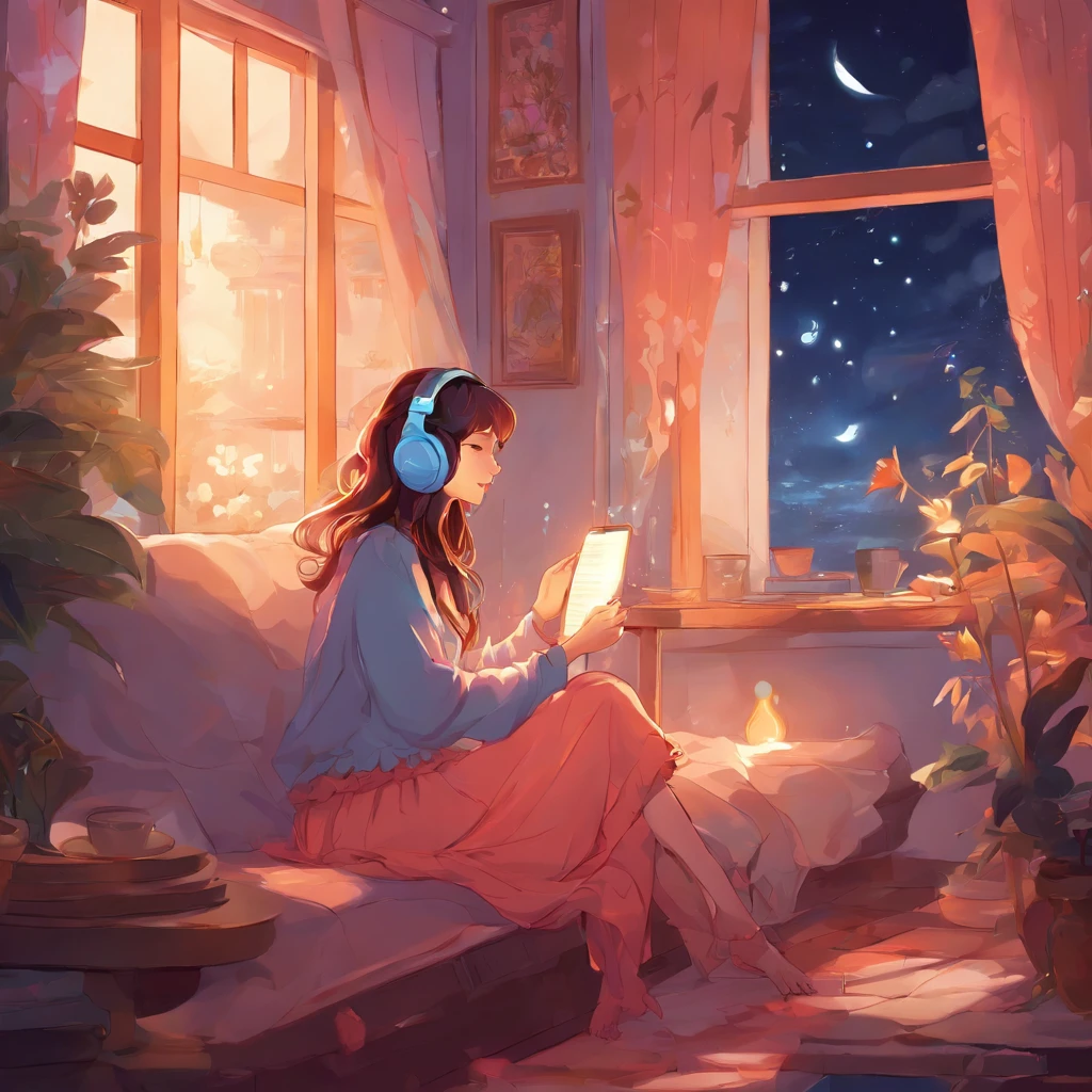Girl listening to music in cozy room at night, Use headphones, 2D style anime, lo fi, Rain outside the window、Analog Color Theme、ghibuli style、