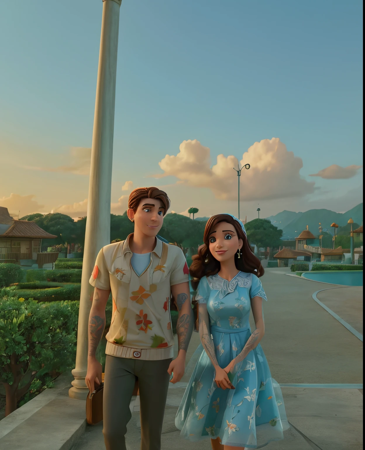 Casal (homem moreno e mulher branca) no estilo Disney Pixar, alta qualidade, melhor qualidade.