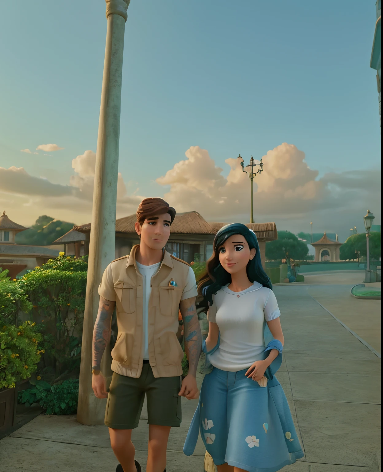 Casal (homem moreno e mulher branca) no estilo Disney Pixar, alta qualidade, melhor qualidade.