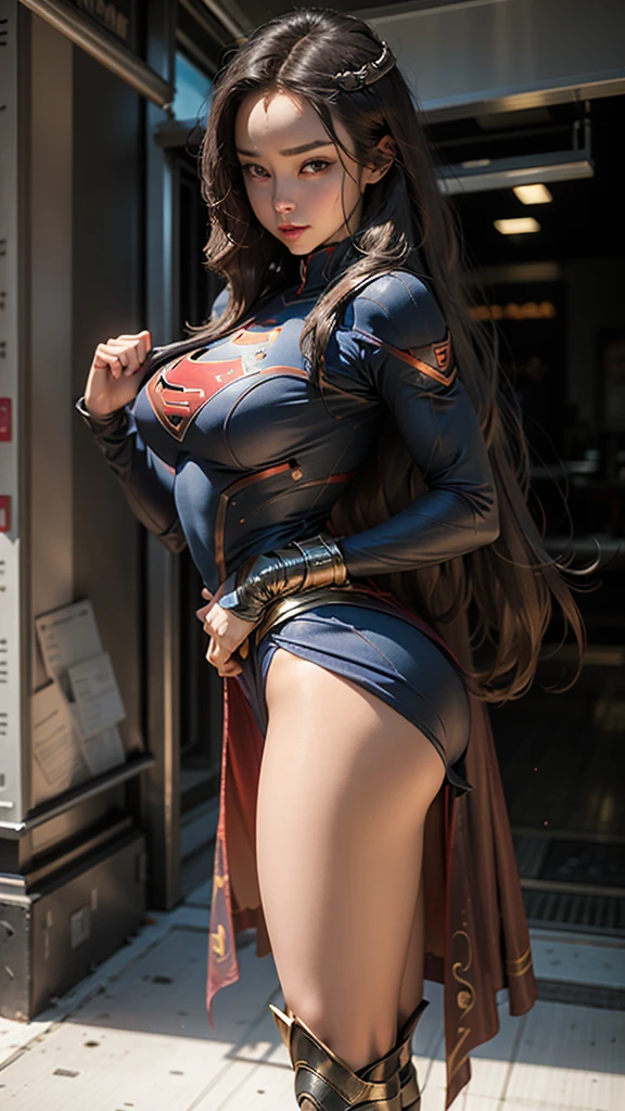 Beautiful woman with long hair, defined body, large breasts, Slender thighs in Supergirl cosplay