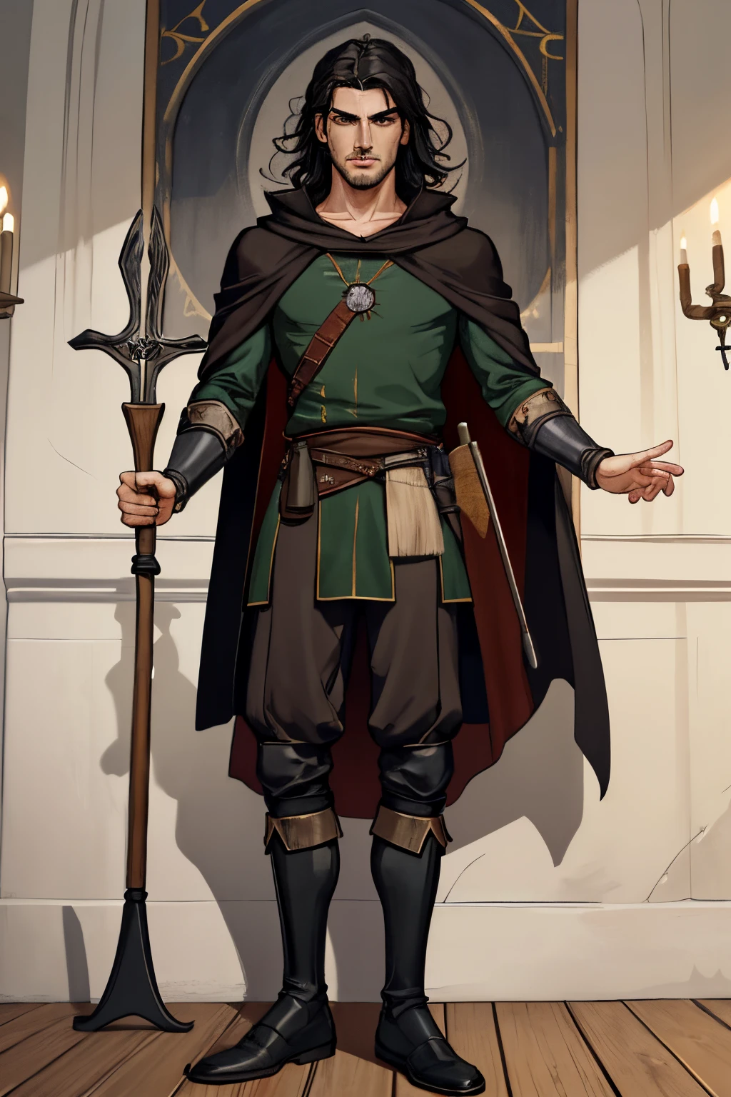 A boy 14 years old, Aristocracia europea medieval, Cabello negro corto y ondulado con raya en medio., cuerpo completo, Peto de cuero, Witcher's robe, Zapatos de cuero, fondo de pared blanco, Equipped with a two-meter thick wooden staff in his right hand., artistic drawing