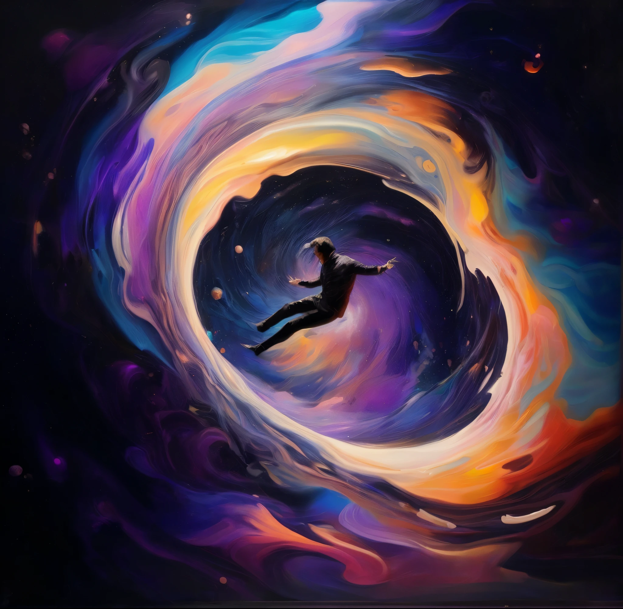 the painting of a man in a black suit is flying through a colorful swirl, floating through space, portal in space, Portal to outer space, flutuando no universo, is being drawn into a blackhole, floating in the space, Portal para outro universo, Flutuando na Nebulosa do Cosmos, Portal do infinito interestelar, saindo de um buraco negro, floating in a cosmic nebula